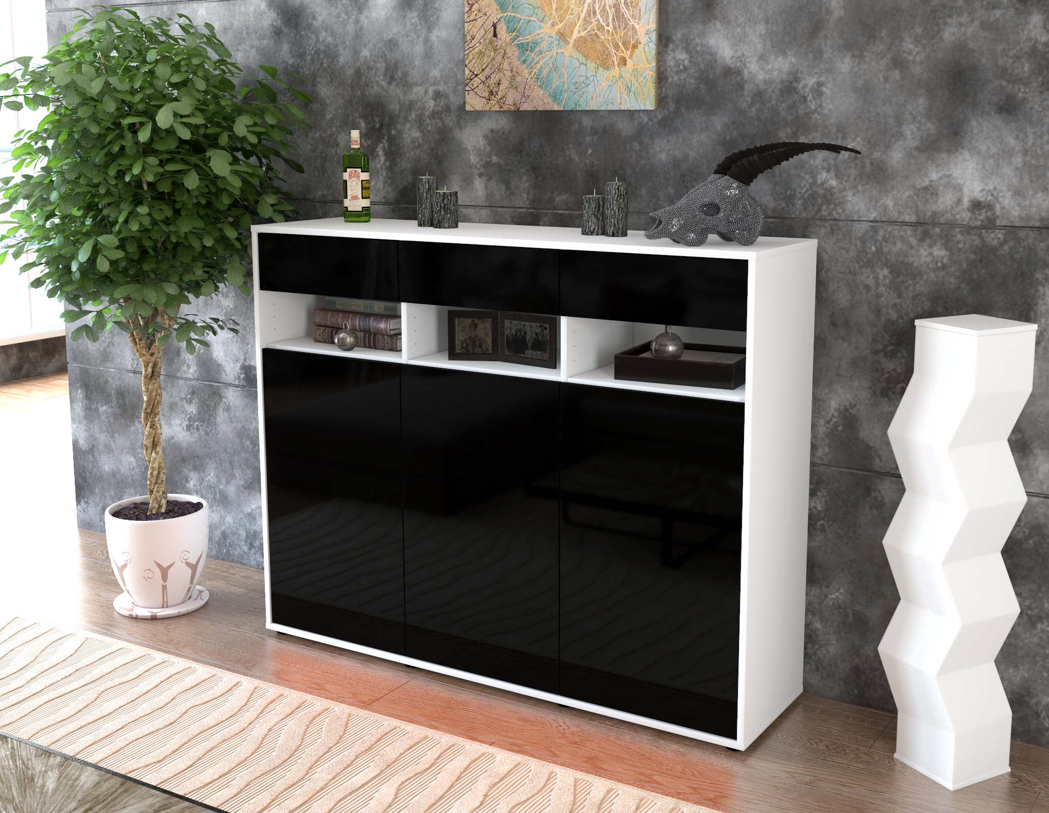 Highboard - Marlene - Design Hochglanz - Freistehend mit Push to Open 136 cm Weiss