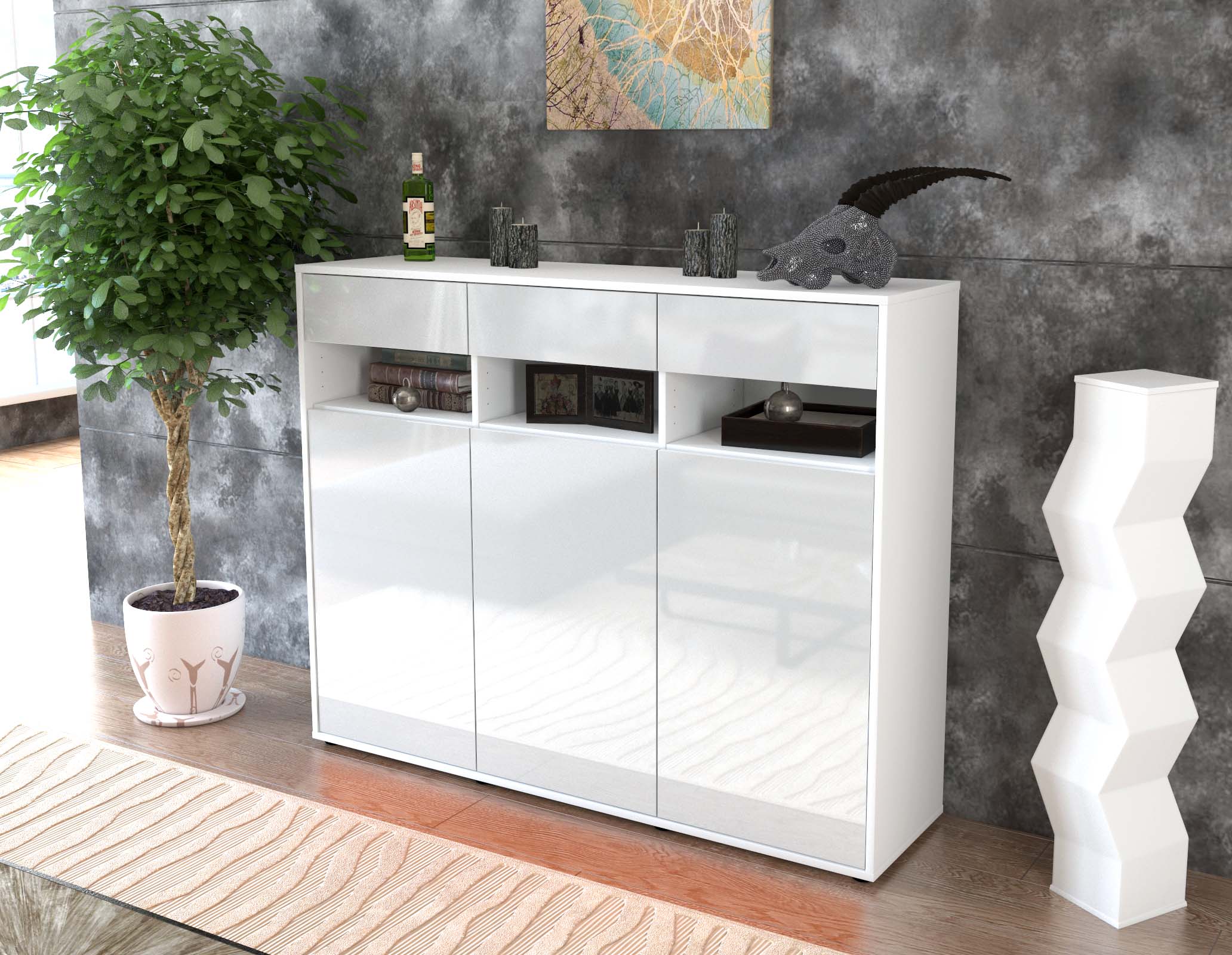 Highboard - Marlene - Design Hochglanz - Freistehend mit Push to Open 136 cm Weiss