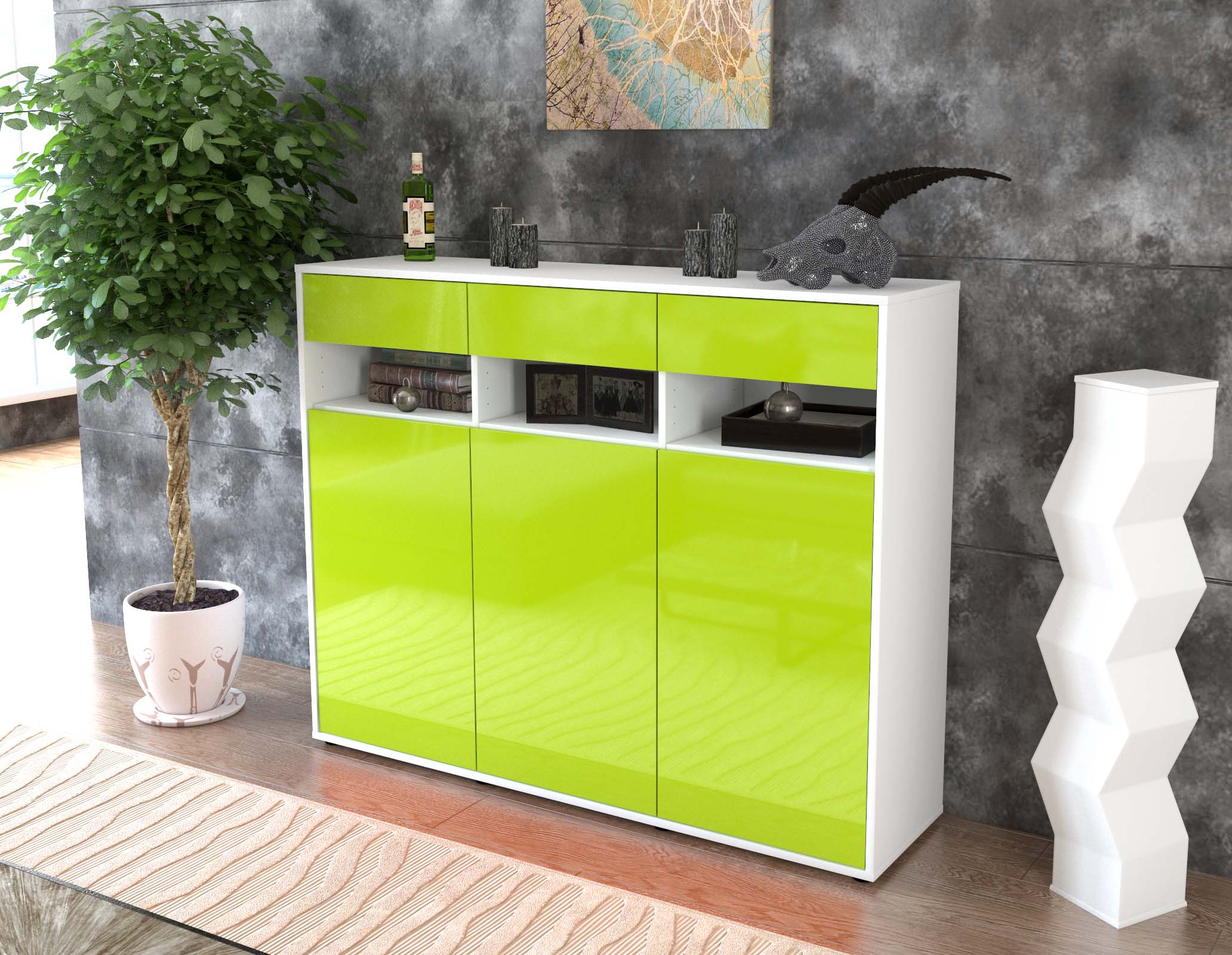 Highboard - Marlene - Design Hochglanz - Freistehend mit Push to Open 136 cm Weiss