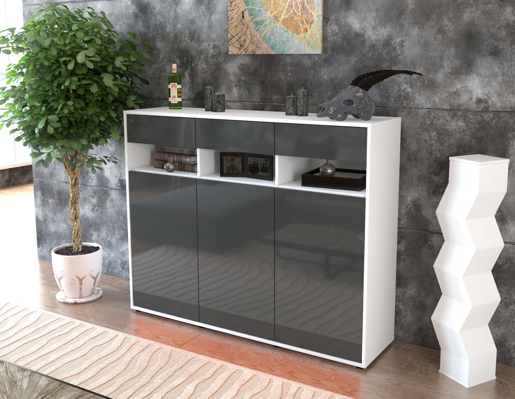Highboard - Marlene - Design Hochglanz - Freistehend mit Push to Open 136 cm Weiss