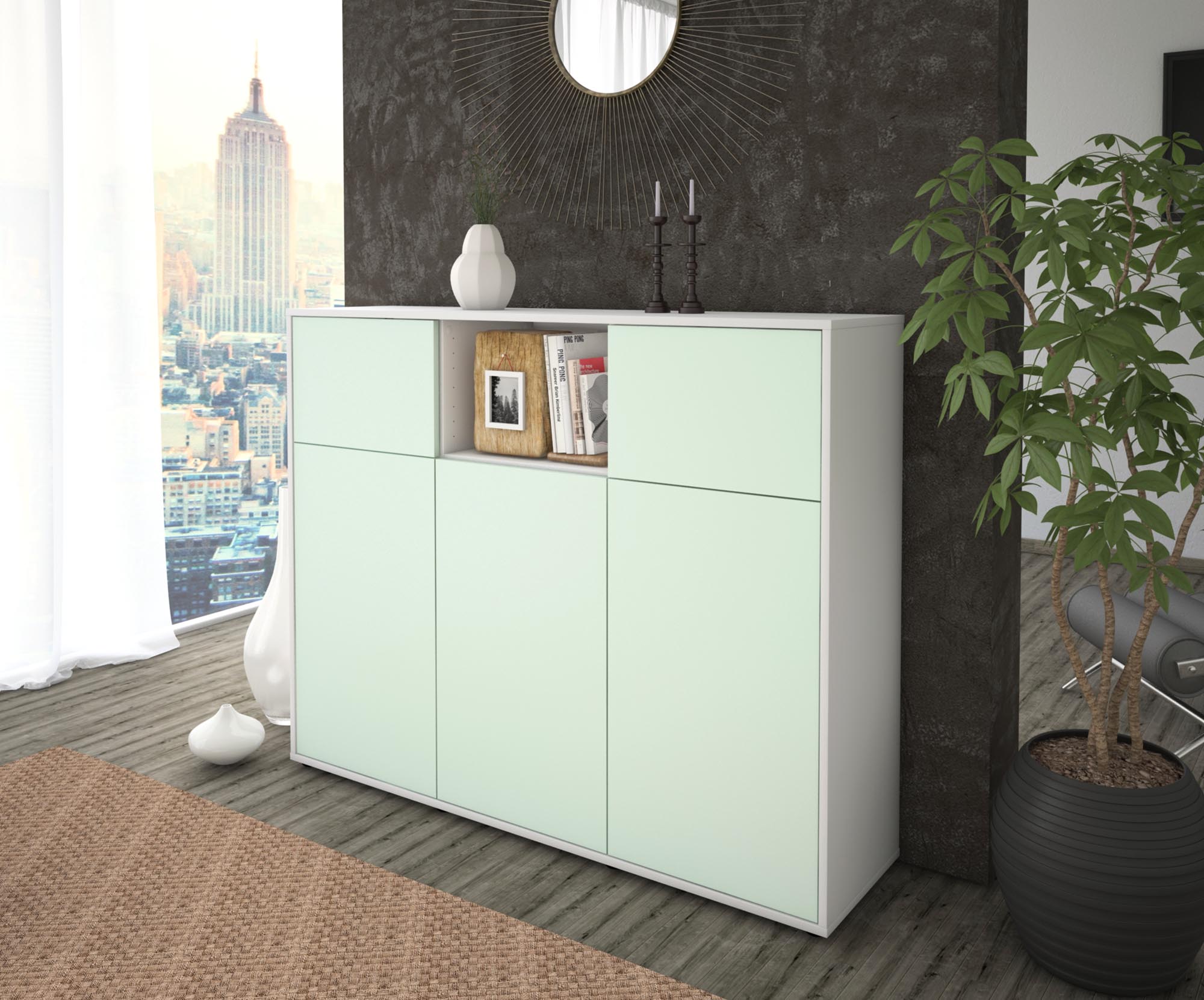 Highboard - Melanie - Design Farbakzent - Freistehend mit Push to Open 136 cm Weiss