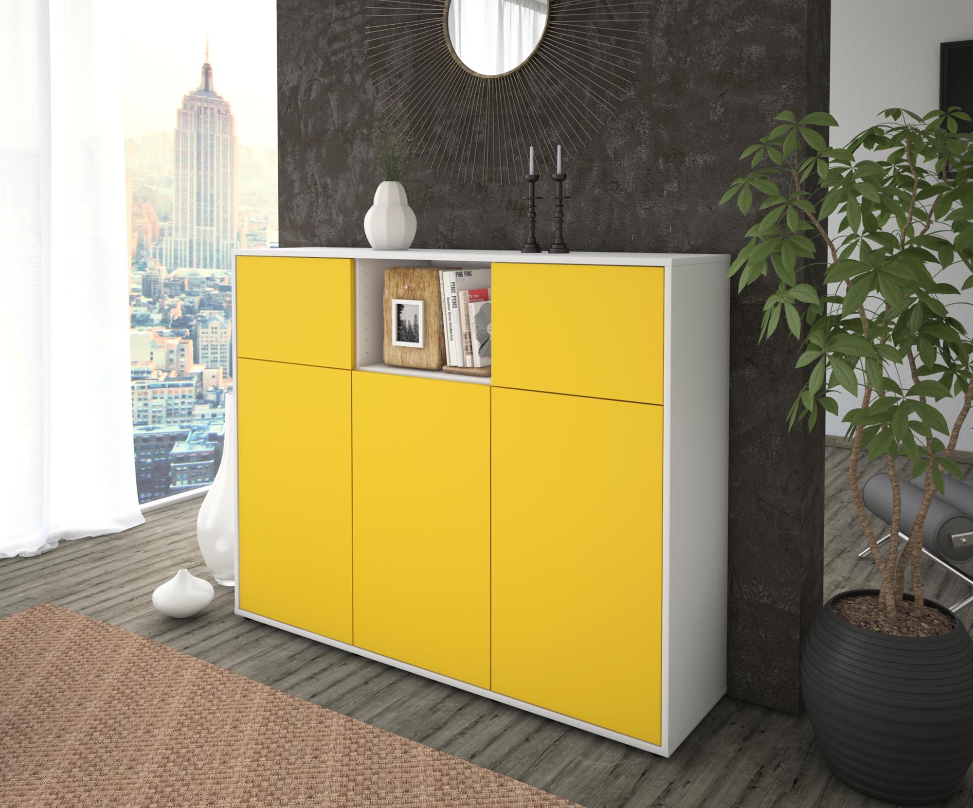Highboard - Melanie - Design Farbakzent - Freistehend mit Push to Open 136 cm Weiss