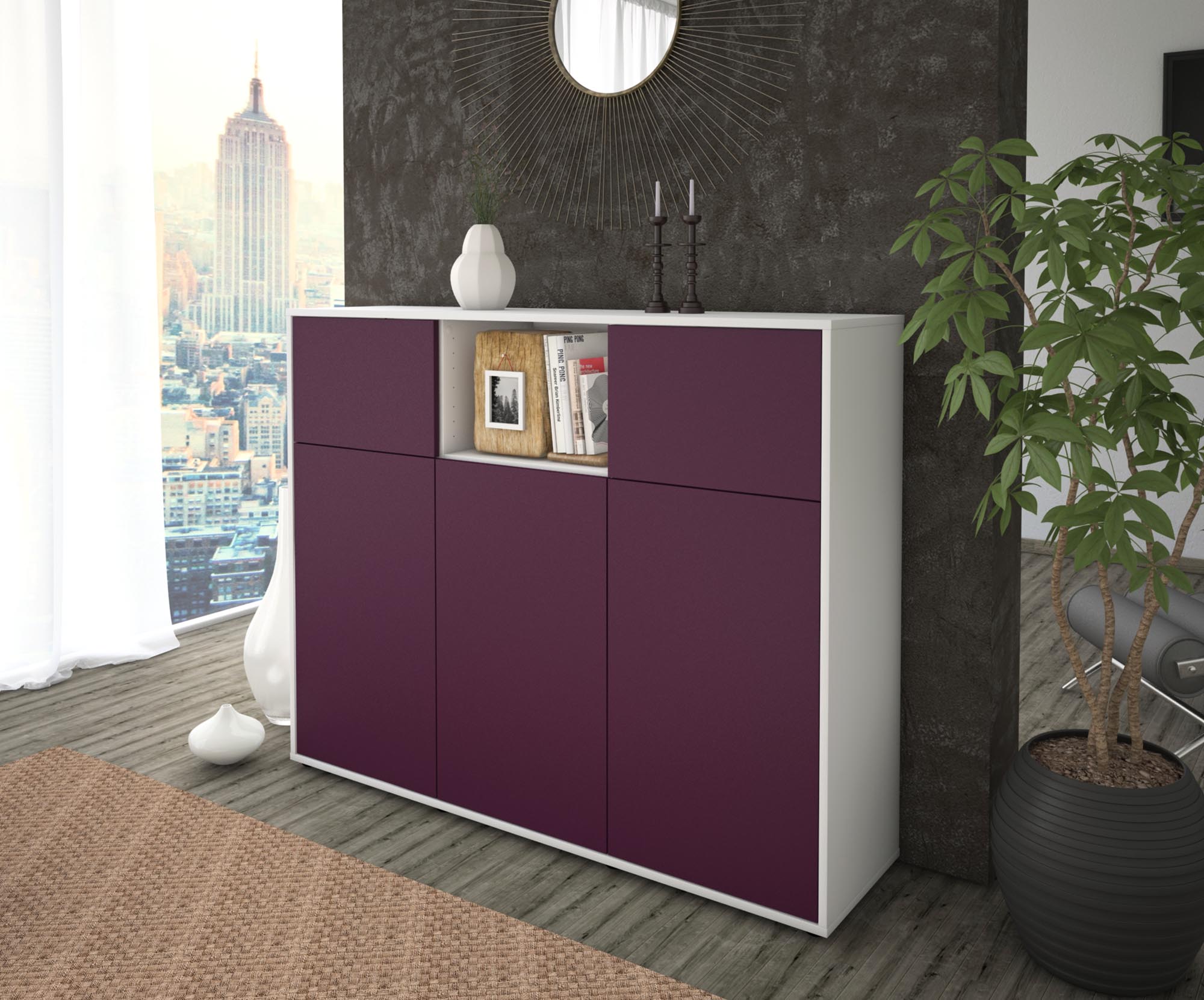 Highboard - Melanie - Design Farbakzent - Freistehend mit Push to Open 136 cm Weiss