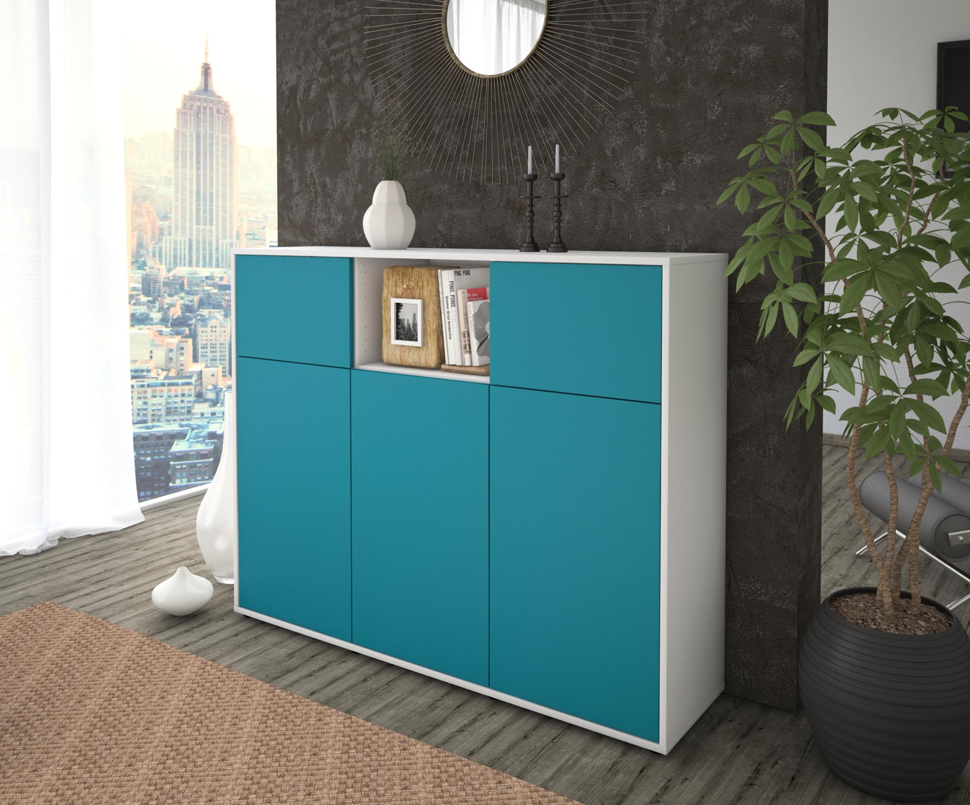 Highboard - Melanie - Design Farbakzent - Freistehend mit Push to Open 136 cm Weiss