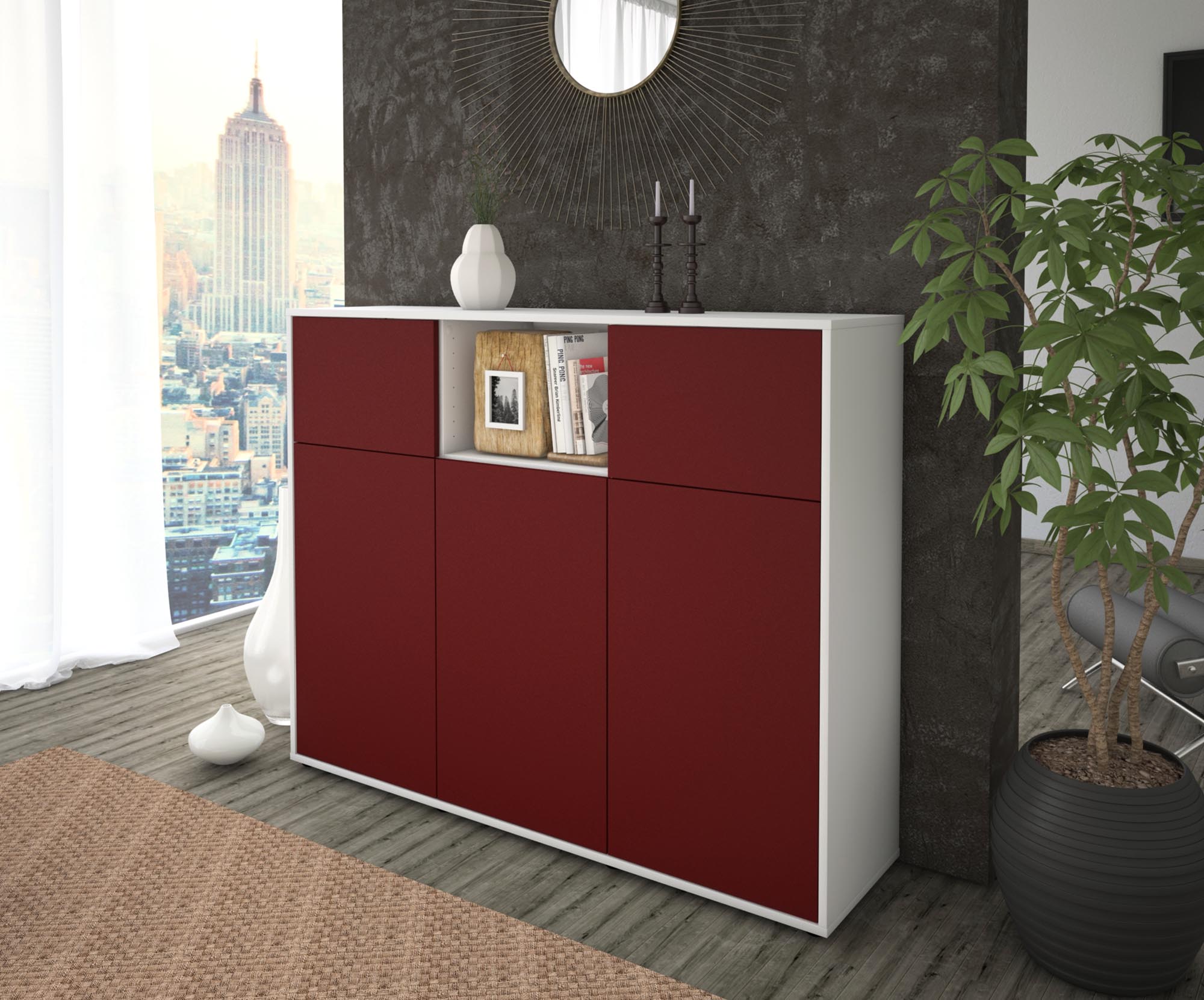 Highboard - Melanie - Design Farbakzent - Freistehend mit Push to Open 136 cm Weiss