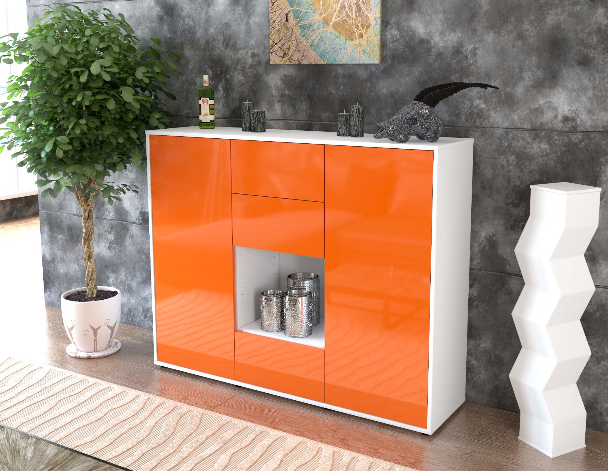 Highboard - Nora - Design Hochglanz - Freistehend mit Push to Open 136 cm Weiss