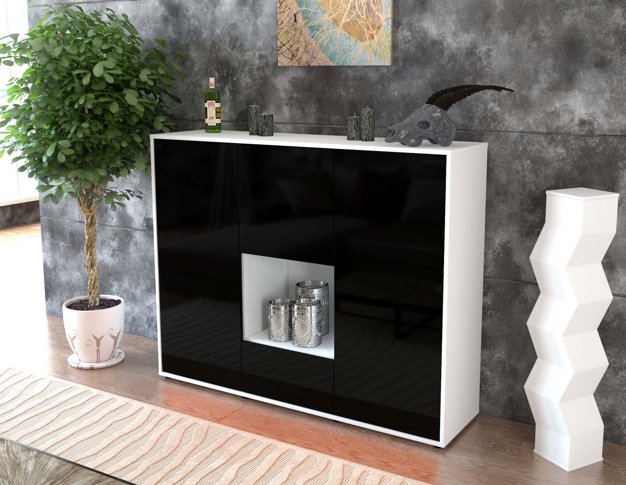 Highboard - Nora - Design Hochglanz - Freistehend mit Push to Open 136 cm Weiss