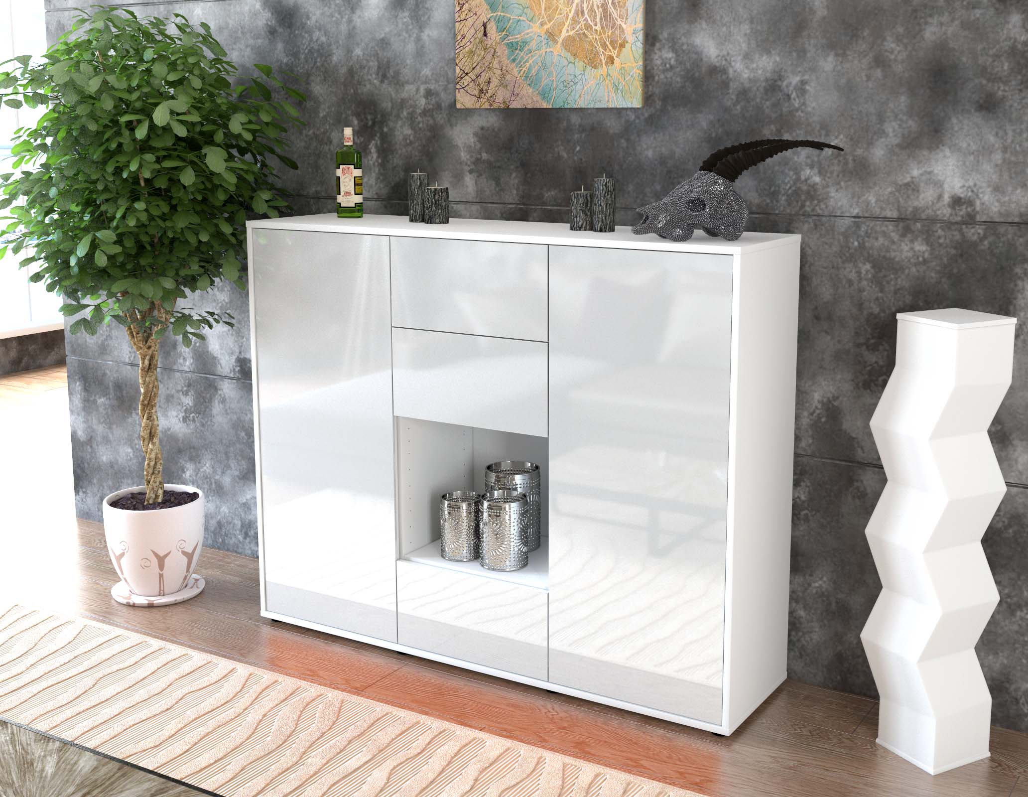 Highboard - Nora - Design Hochglanz - Freistehend mit Push to Open 136 cm Weiss
