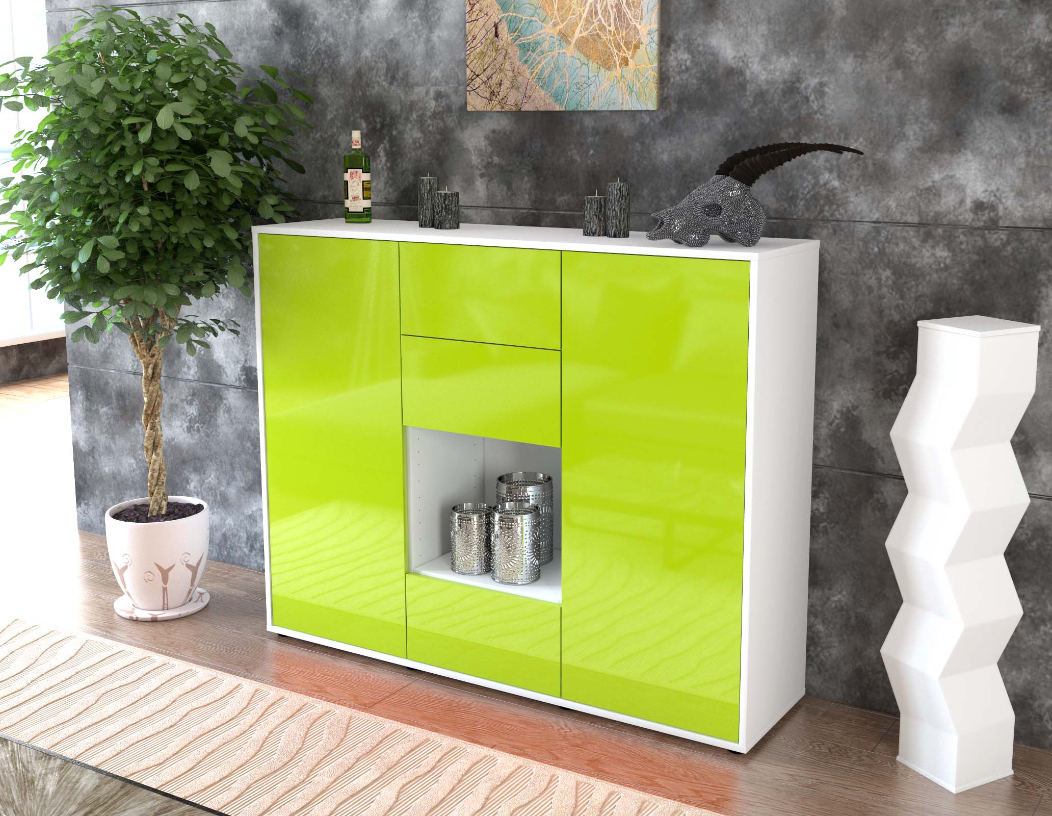 Highboard - Nora - Design Hochglanz - Freistehend mit Push to Open 136 cm Weiss