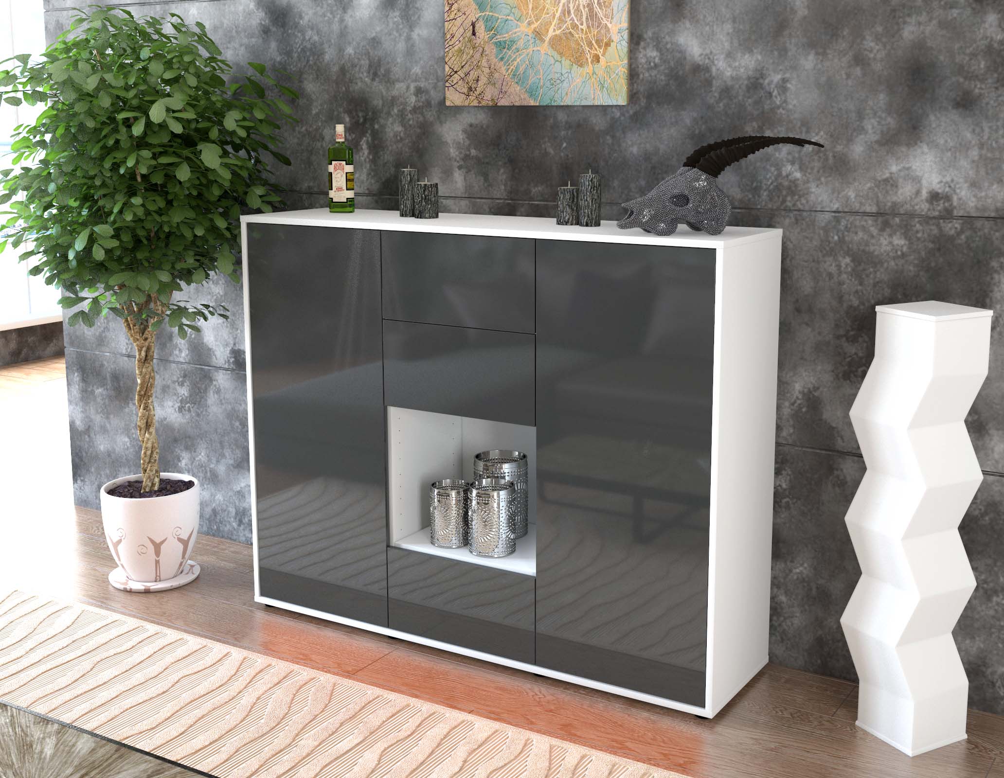 Highboard - Nora - Design Hochglanz - Freistehend mit Push to Open 136 cm Weiss