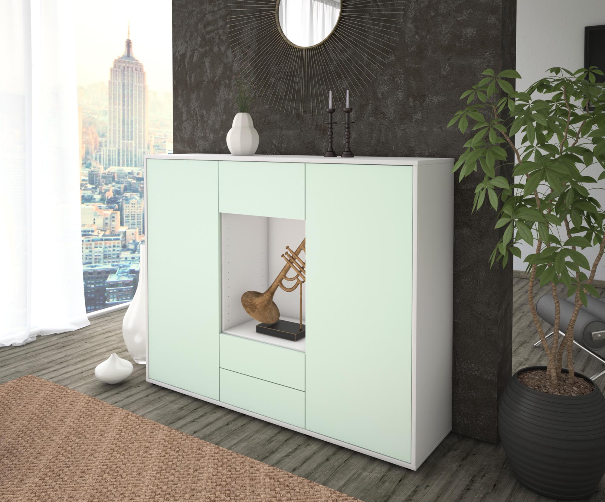 Highboard - Norina - Design Farbakzent - Freistehend mit Push to Open 136 cm Weiss