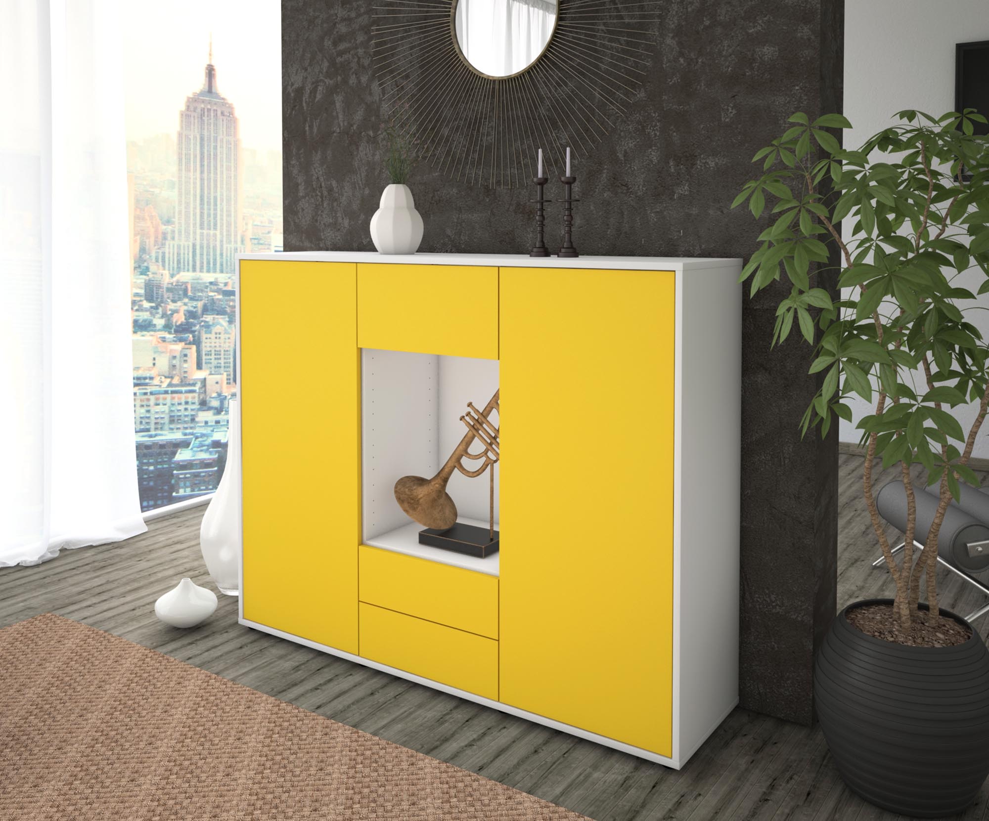 Highboard - Norina - Design Farbakzent - Freistehend mit Push to Open 136 cm Weiss