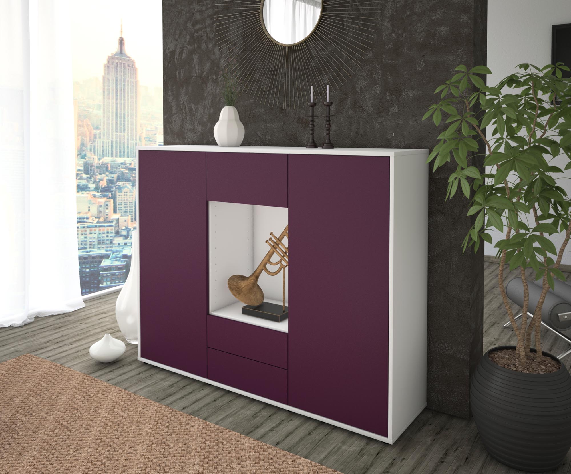 Highboard - Norina - Design Farbakzent - Freistehend mit Push to Open 136 cm Weiss