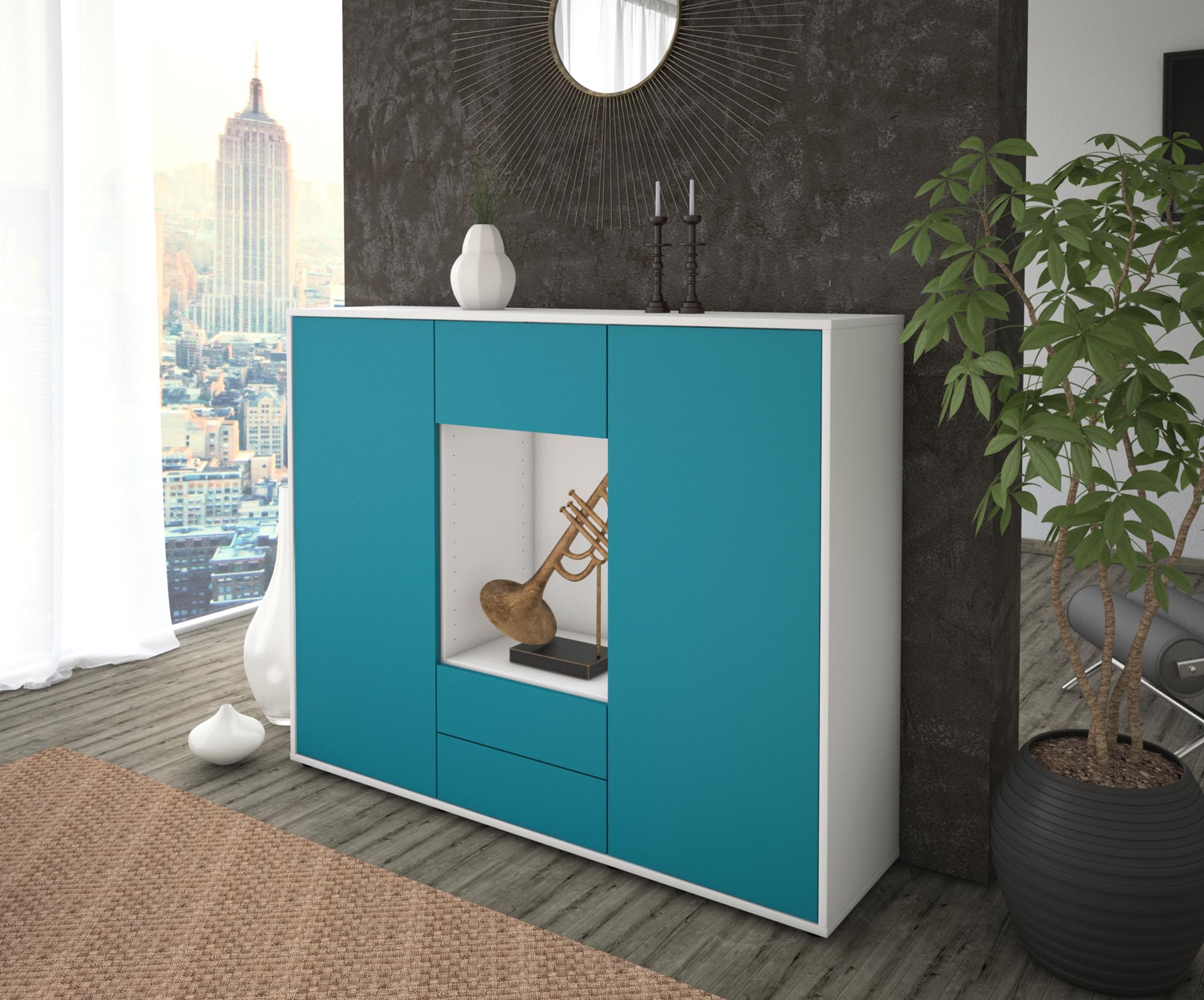 Highboard - Norina - Design Farbakzent - Freistehend mit Push to Open 136 cm Weiss