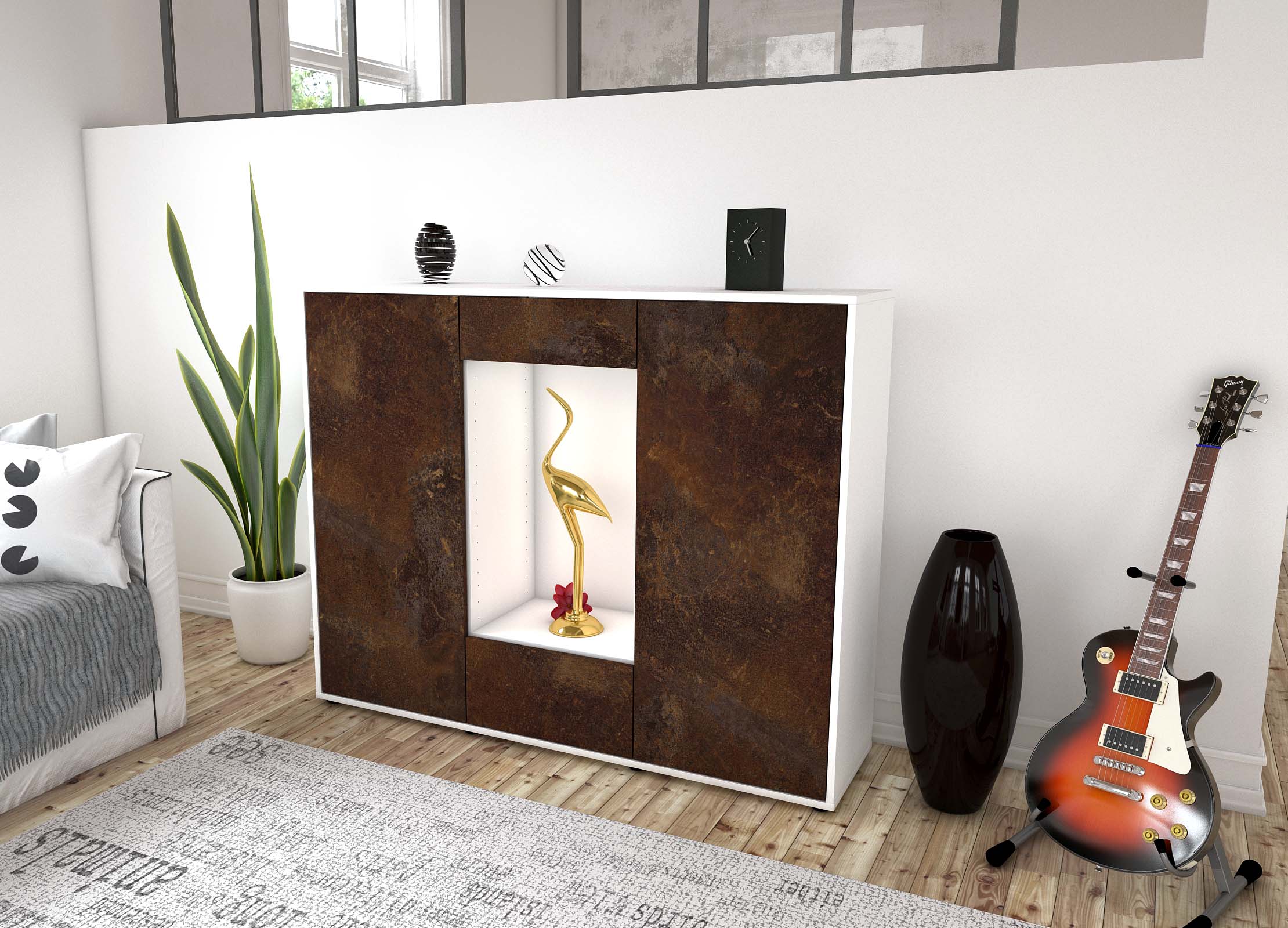 Highboard - Nova - Design Industrie Stil - Freistehend mit Push to Open 136 cm Weiss
