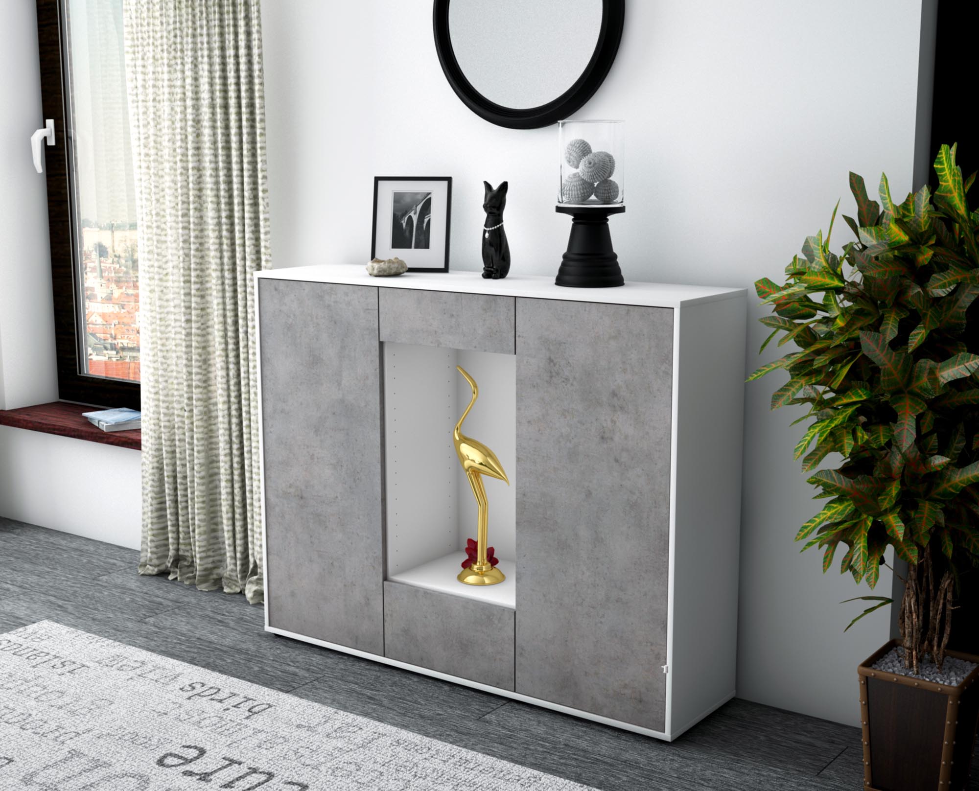 Highboard - Nova - Design Industrie Stil - Freistehend mit Push to Open 136 cm Weiss
