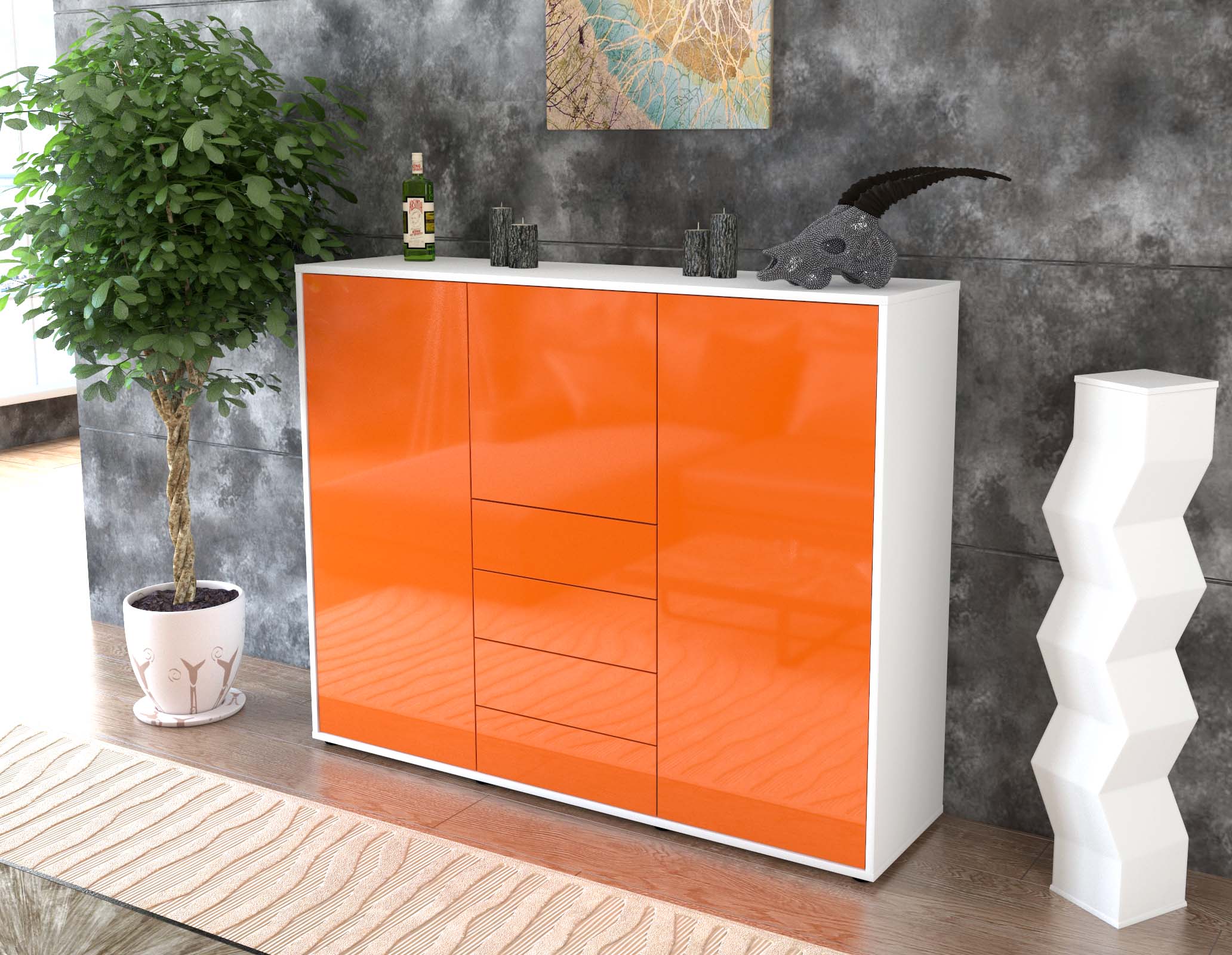 Highboard - Pasquale - Design Hochglanz - Freistehend mit Push to Open 136 cm Weiss