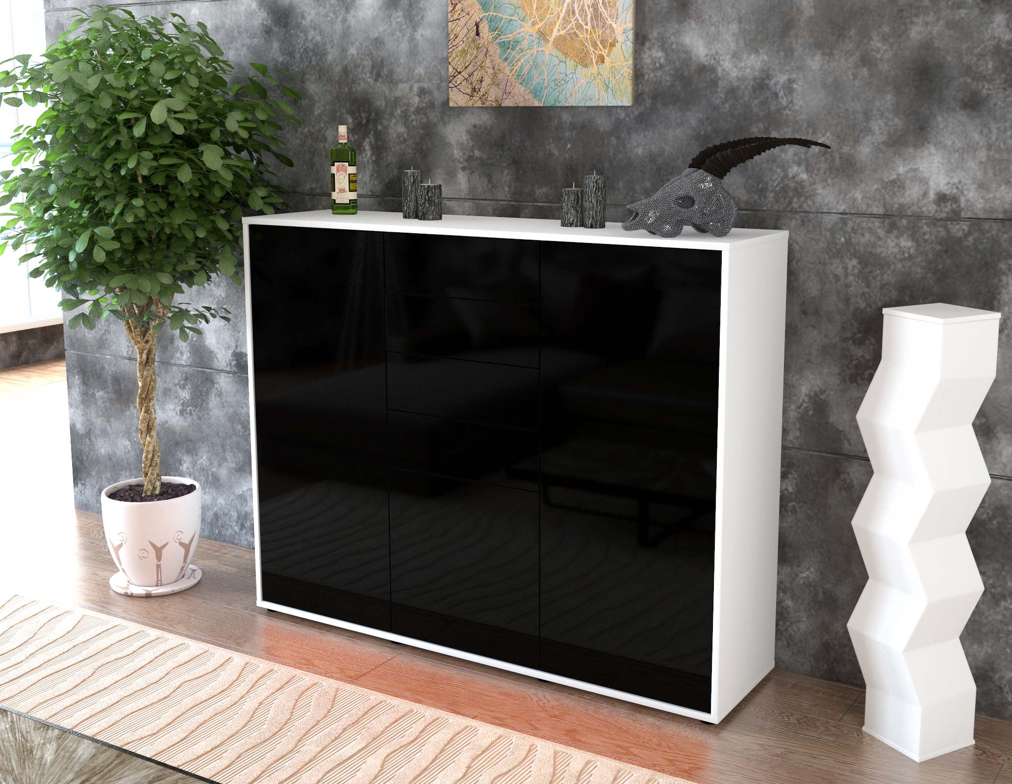 Highboard - Patricia - Design Hochglanz - Freistehend mit Push to Open 136 cm Weiss