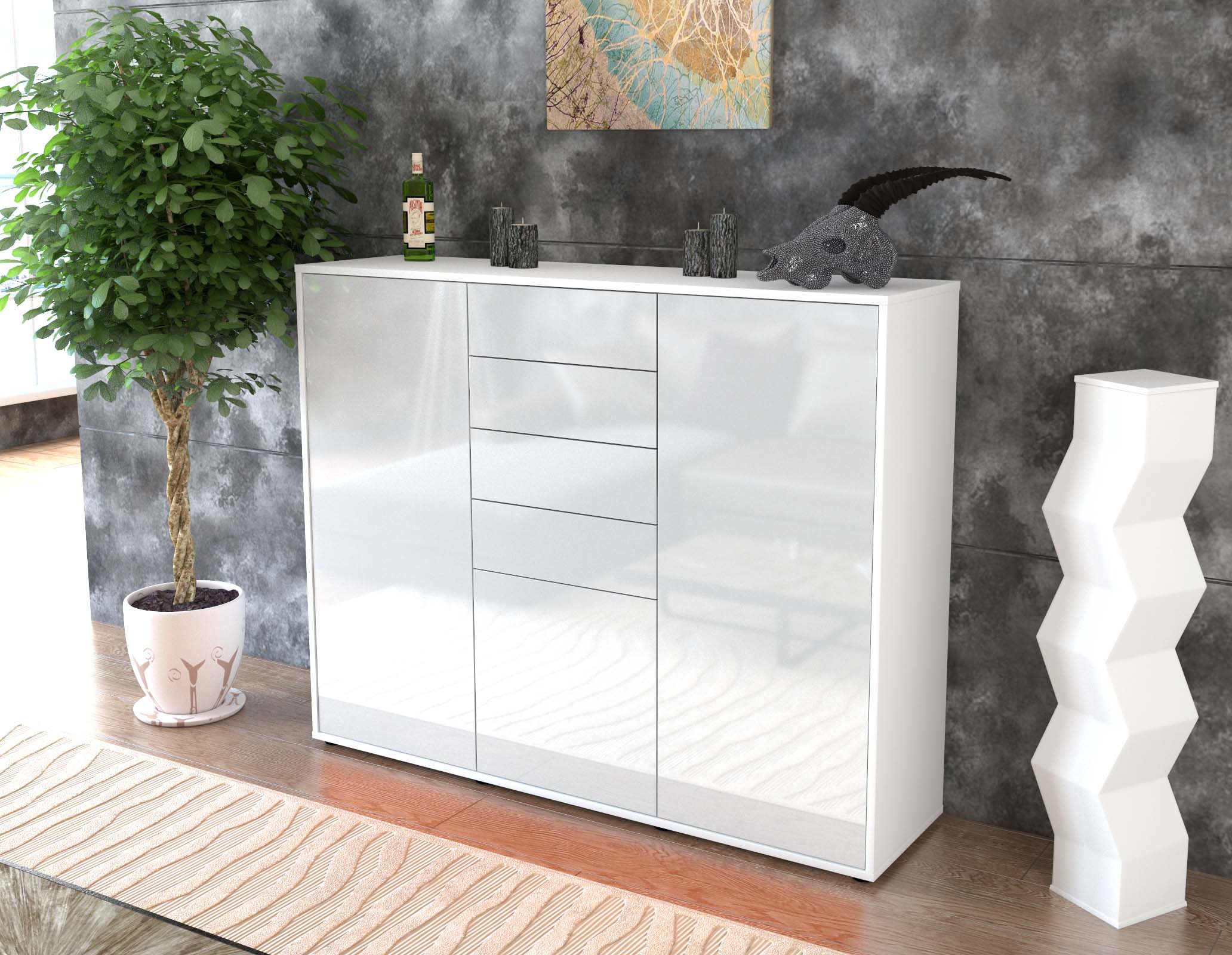Highboard - Patricia - Design Hochglanz - Freistehend mit Push to Open 136 cm Weiss