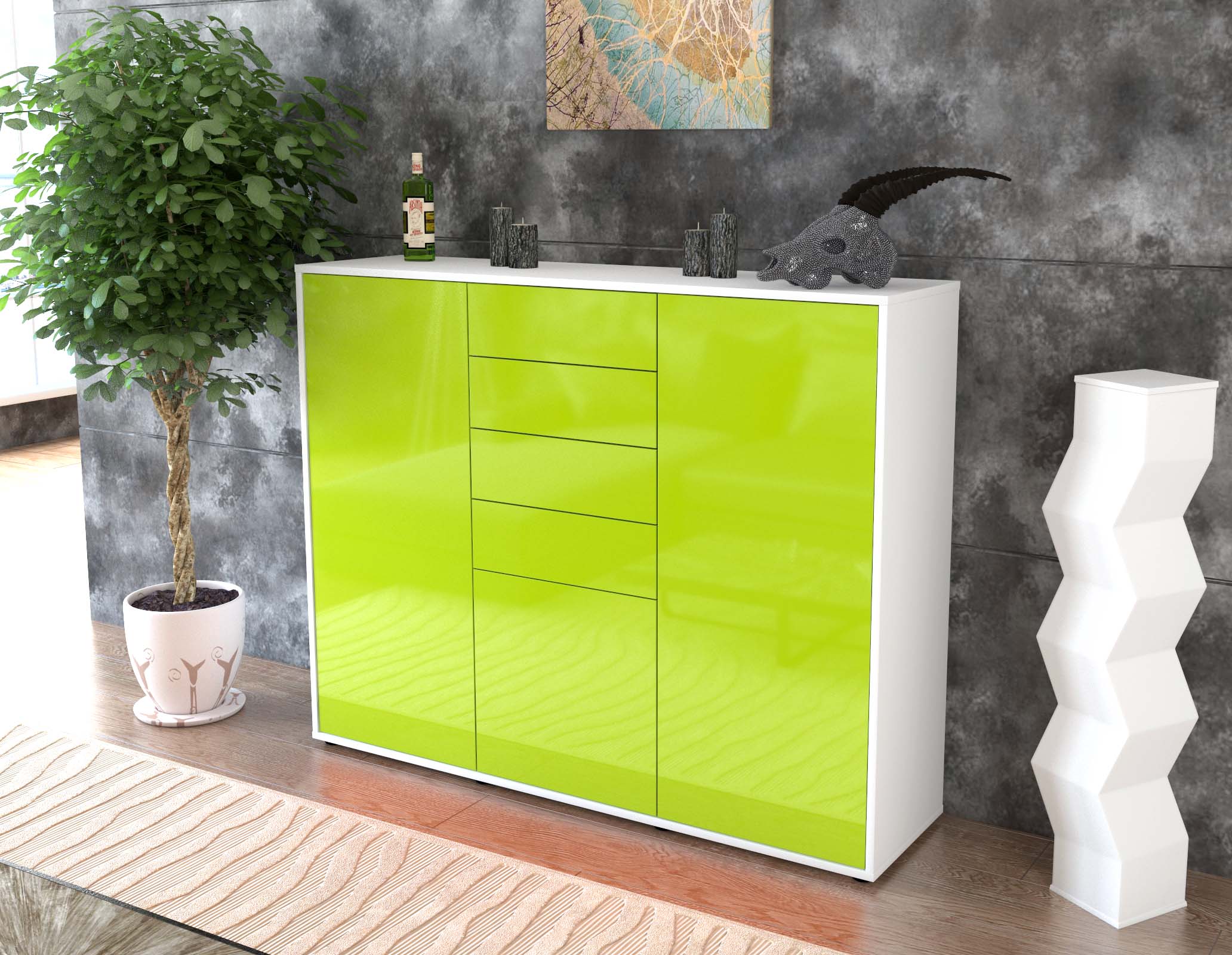Highboard - Patricia - Design Hochglanz - Freistehend mit Push to Open 136 cm Weiss