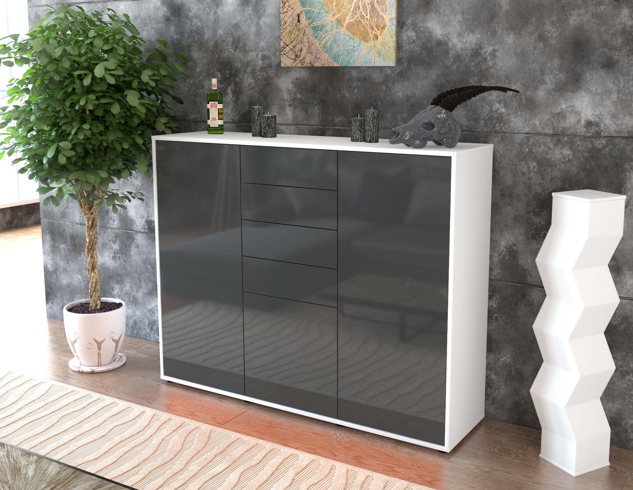 Highboard - Patricia - Design Hochglanz - Freistehend mit Push to Open 136 cm Weiss