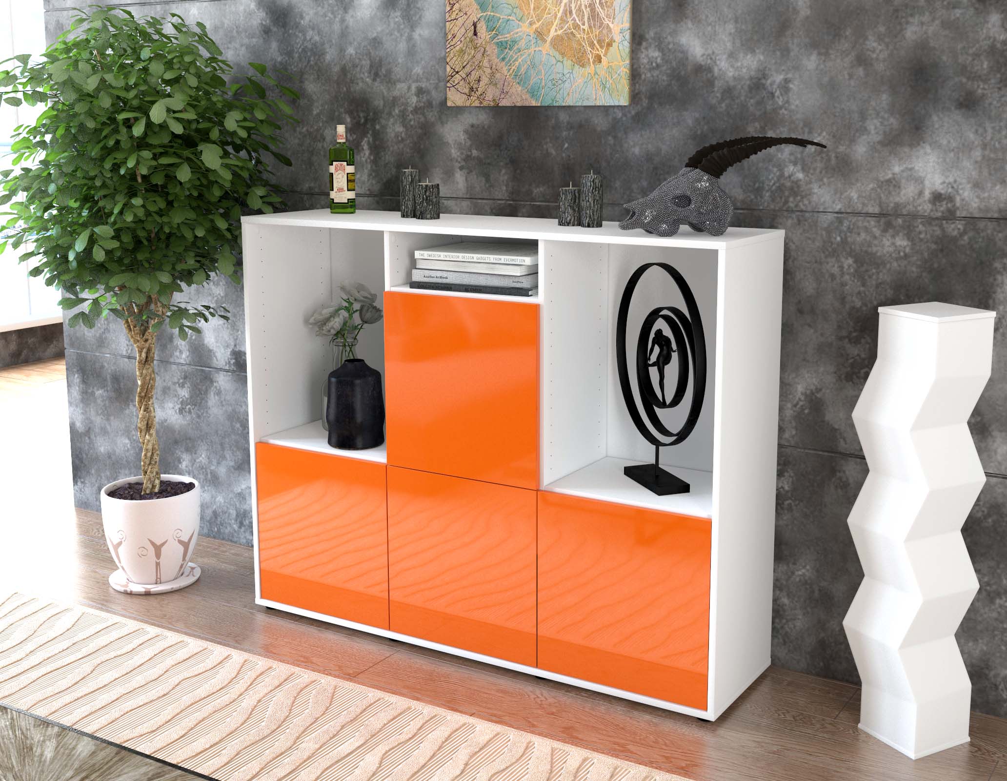 Highboard - Saskia - Design Hochglanz - Freistehend mit Push to Open 136 cm Weiss