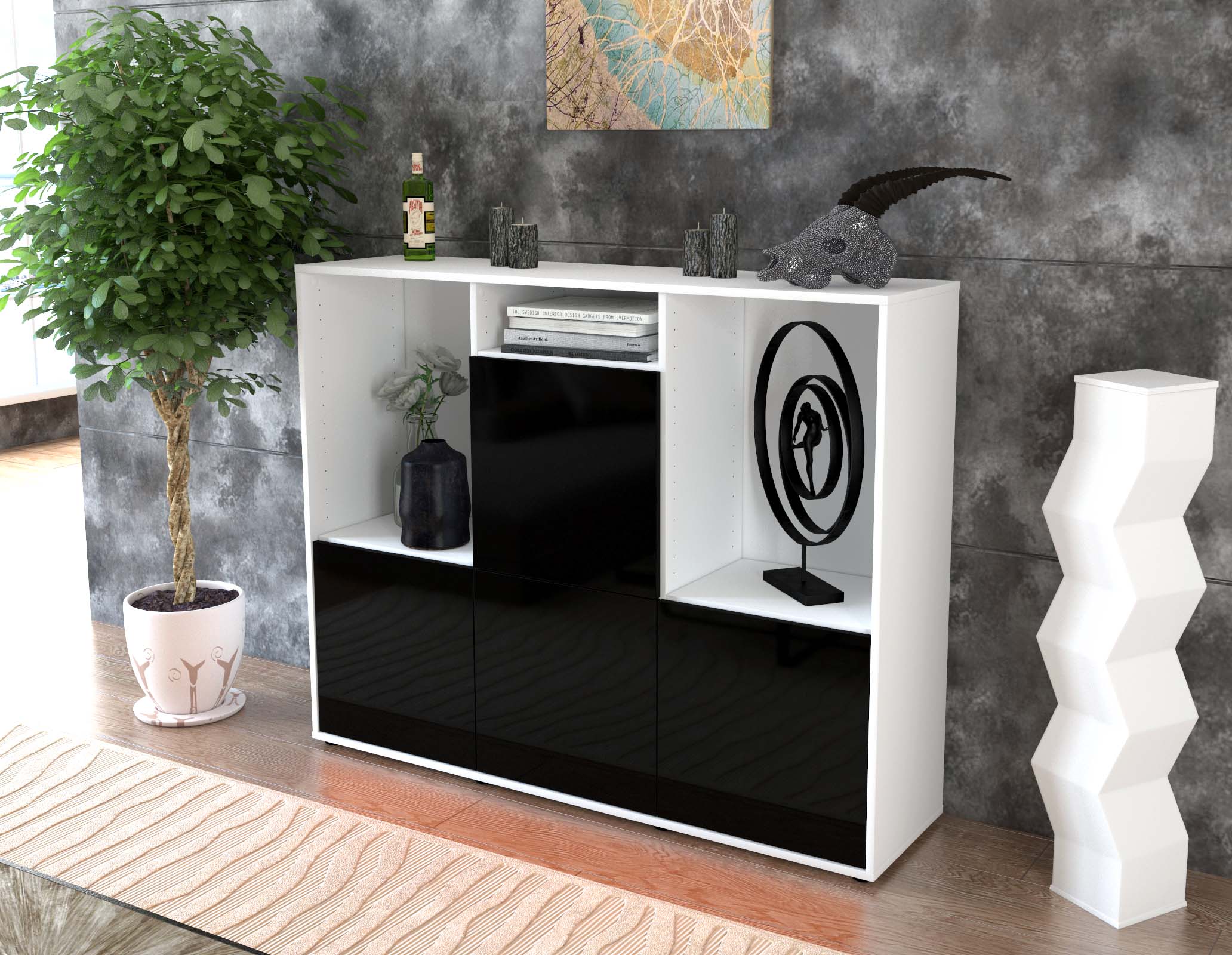 Highboard - Saskia - Design Hochglanz - Freistehend mit Push to Open 136 cm Weiss