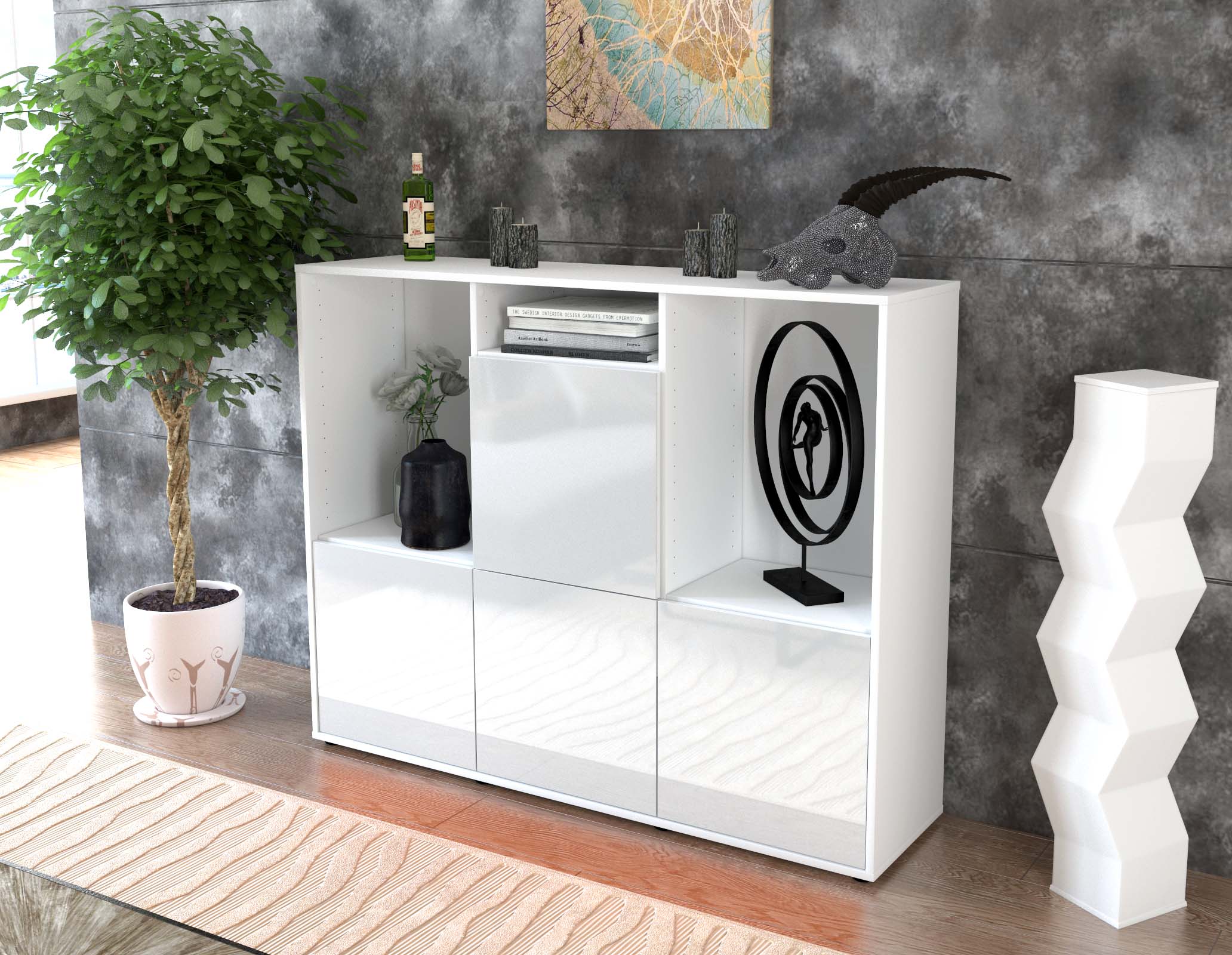 Highboard - Saskia - Design Hochglanz - Freistehend mit Push to Open 136 cm Weiss