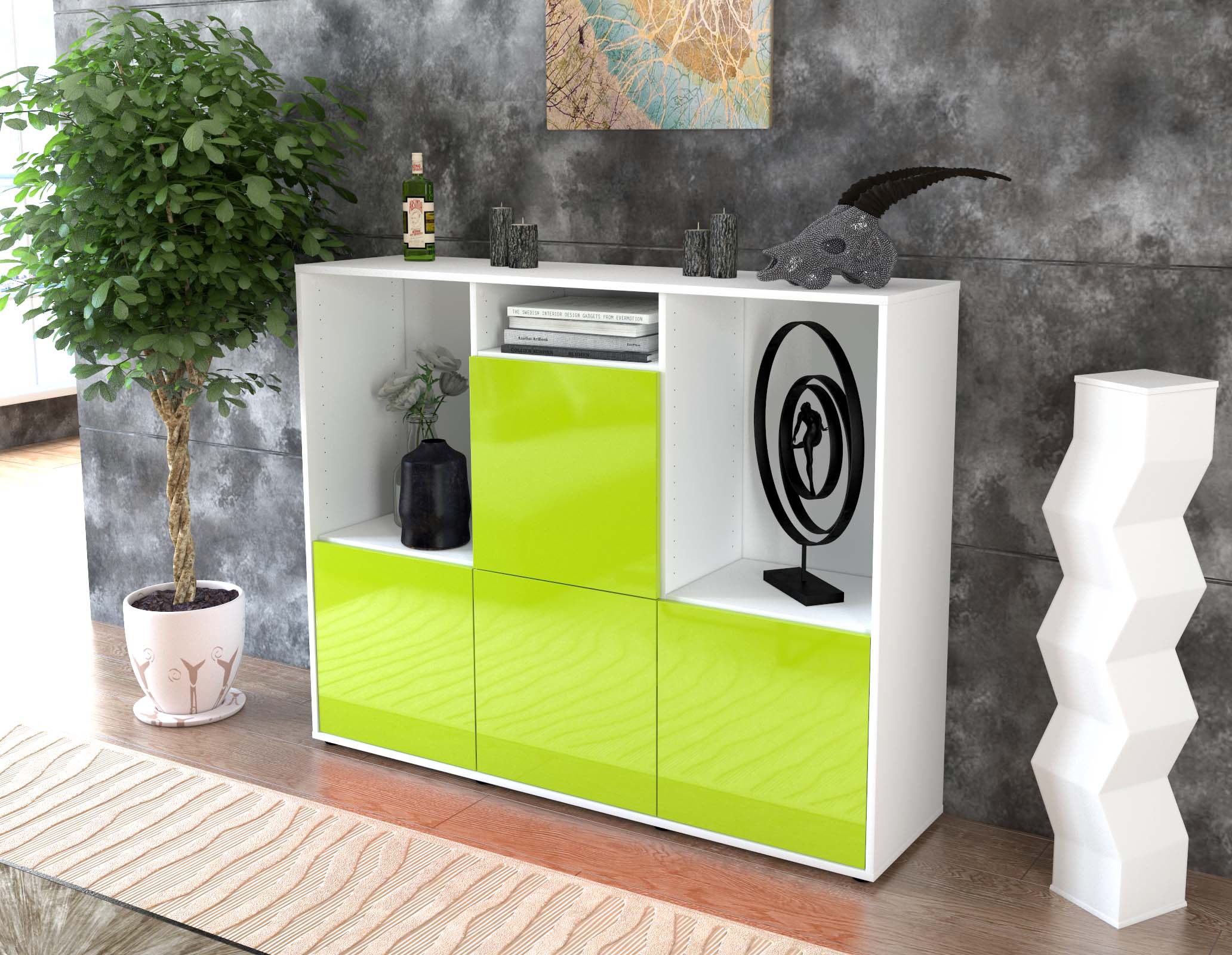 Highboard - Saskia - Design Hochglanz - Freistehend mit Push to Open 136 cm Weiss