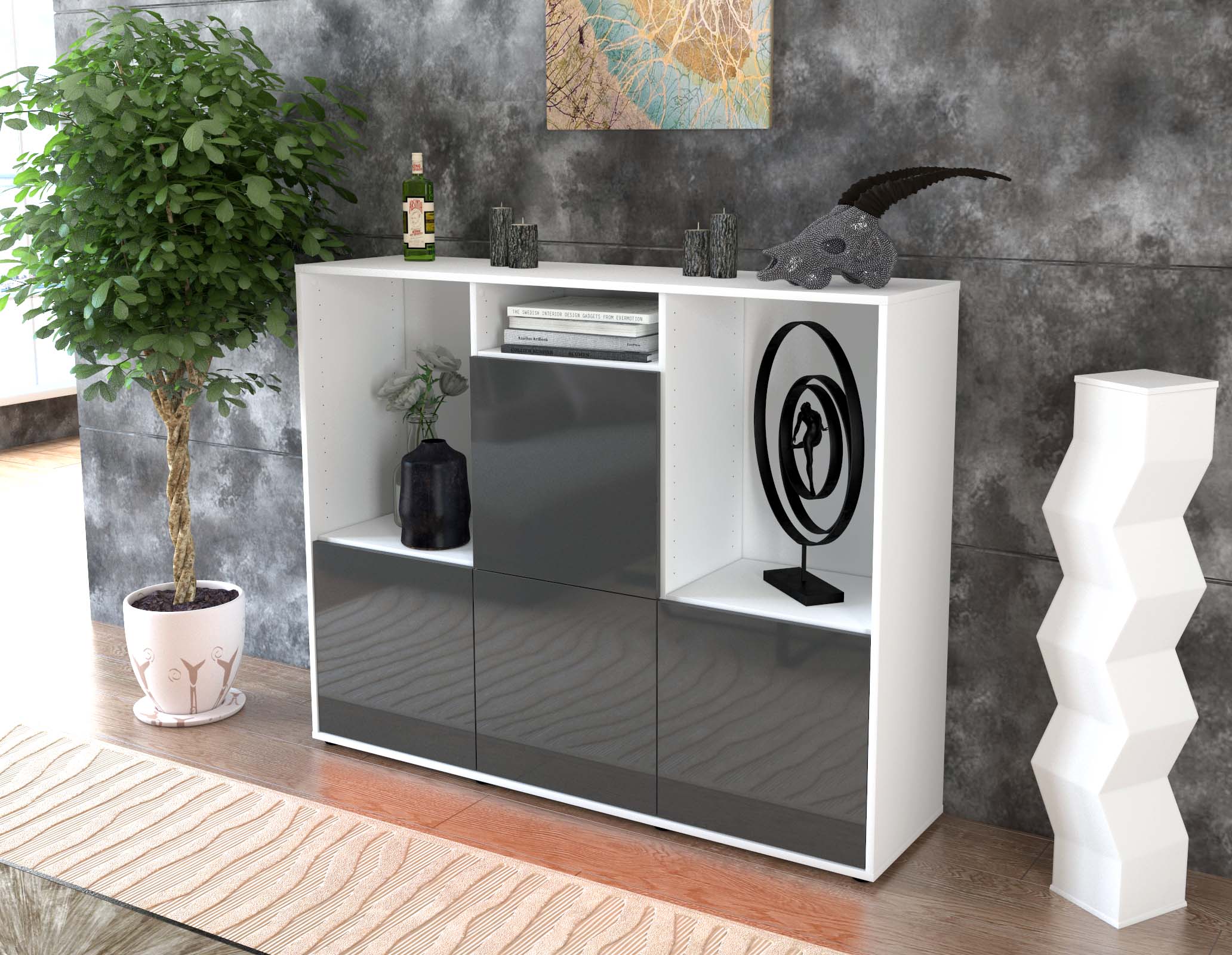 Highboard - Saskia - Design Hochglanz - Freistehend mit Push to Open 136 cm Weiss