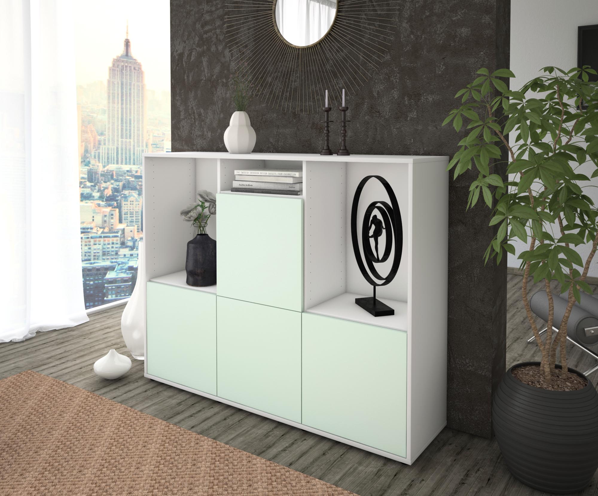 Highboard - Saskia - Design Farbakzent - Freistehend mit Push to Open 136 cm Weiss