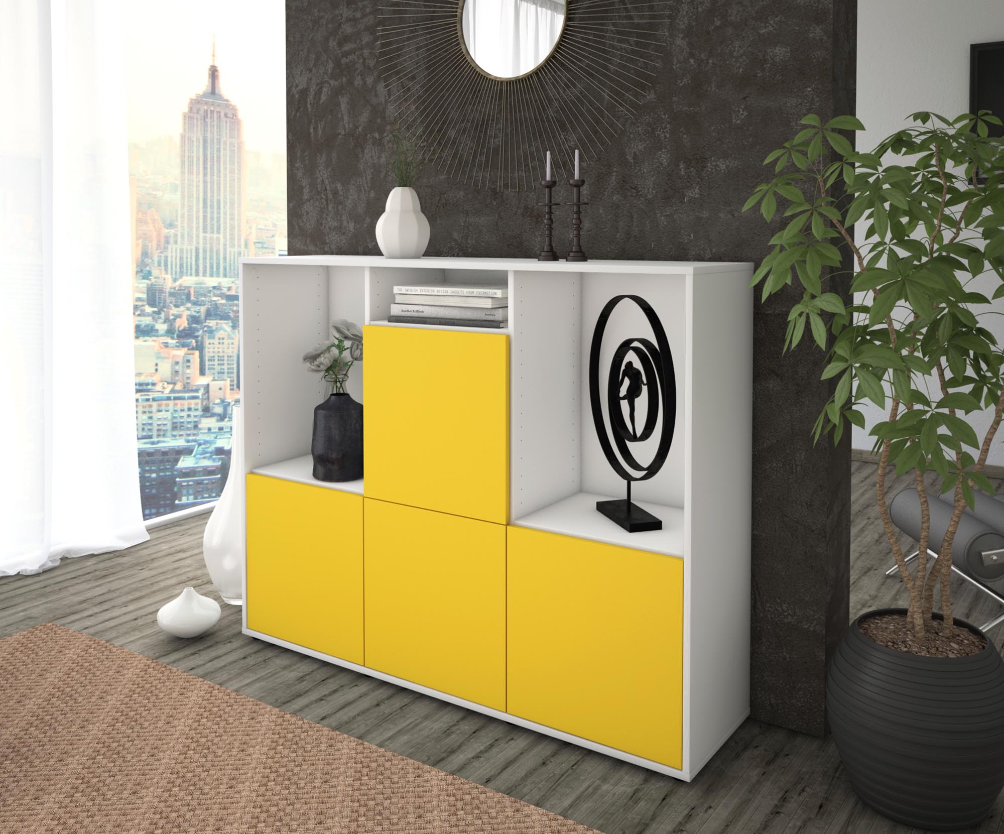 Highboard - Saskia - Design Farbakzent - Freistehend mit Push to Open 136 cm Weiss