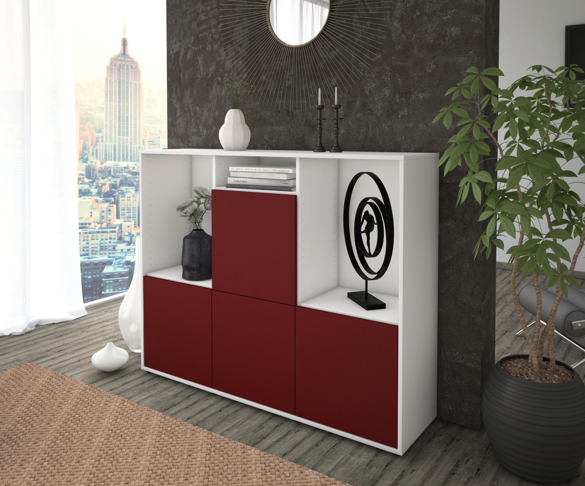 Highboard - Saskia - Design Farbakzent - Freistehend mit Push to Open 136 cm Weiss