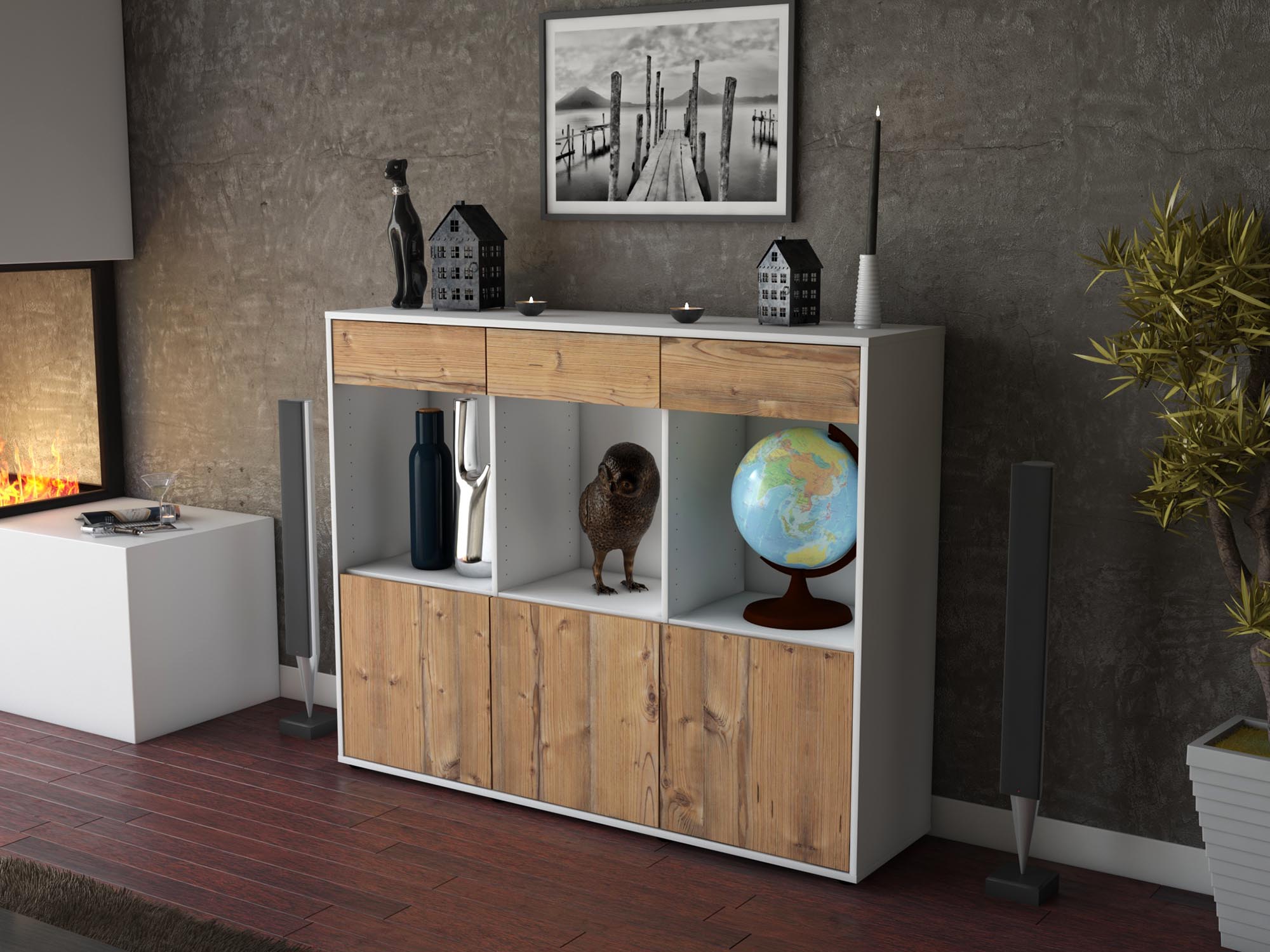 Highboard - Selina - Design Holzdekor - Freistehend mit Push to Open 136 cm Weiss