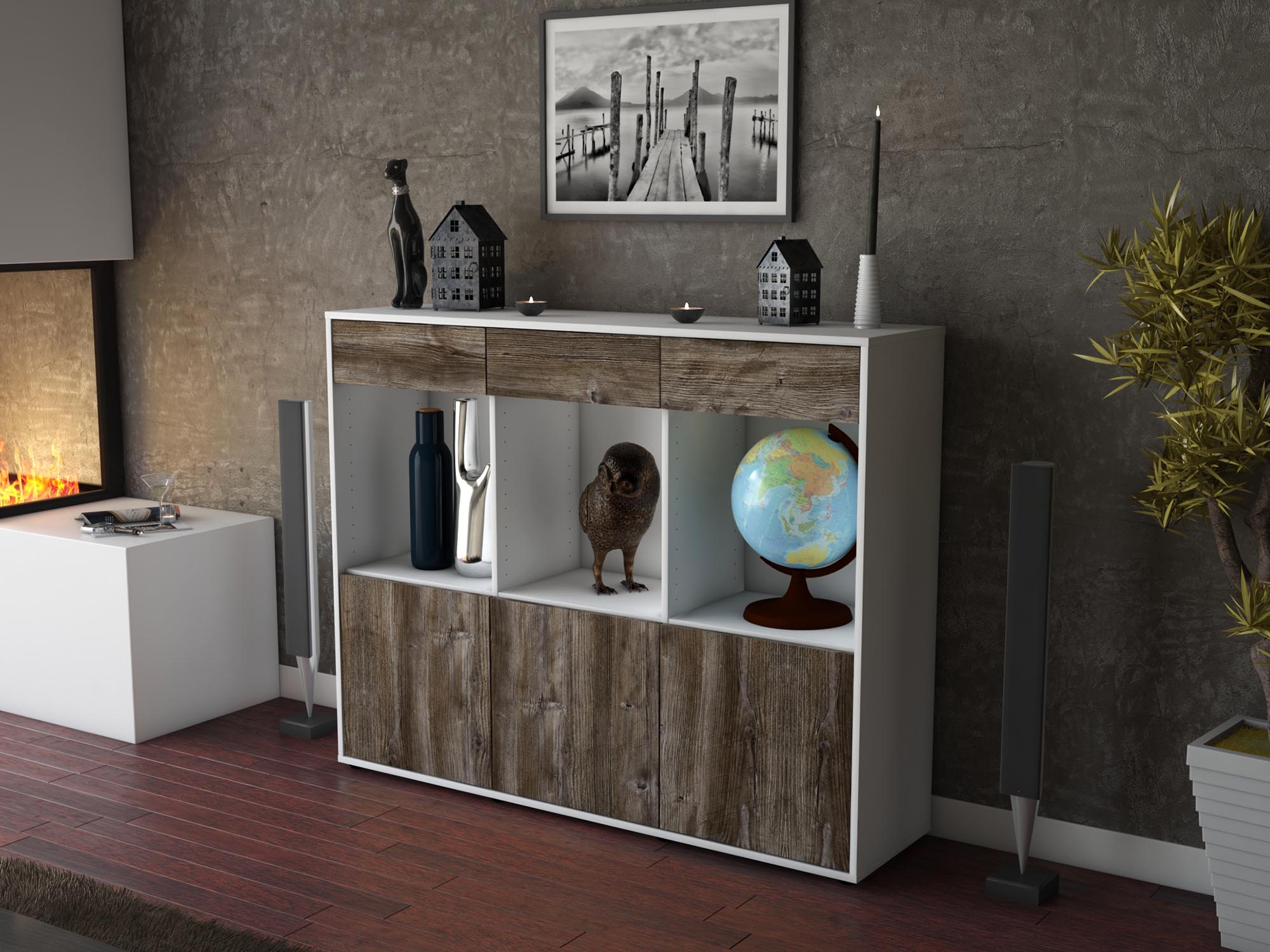 Highboard - Selina - Design Holzdekor - Freistehend mit Push to Open 136 cm Weiss