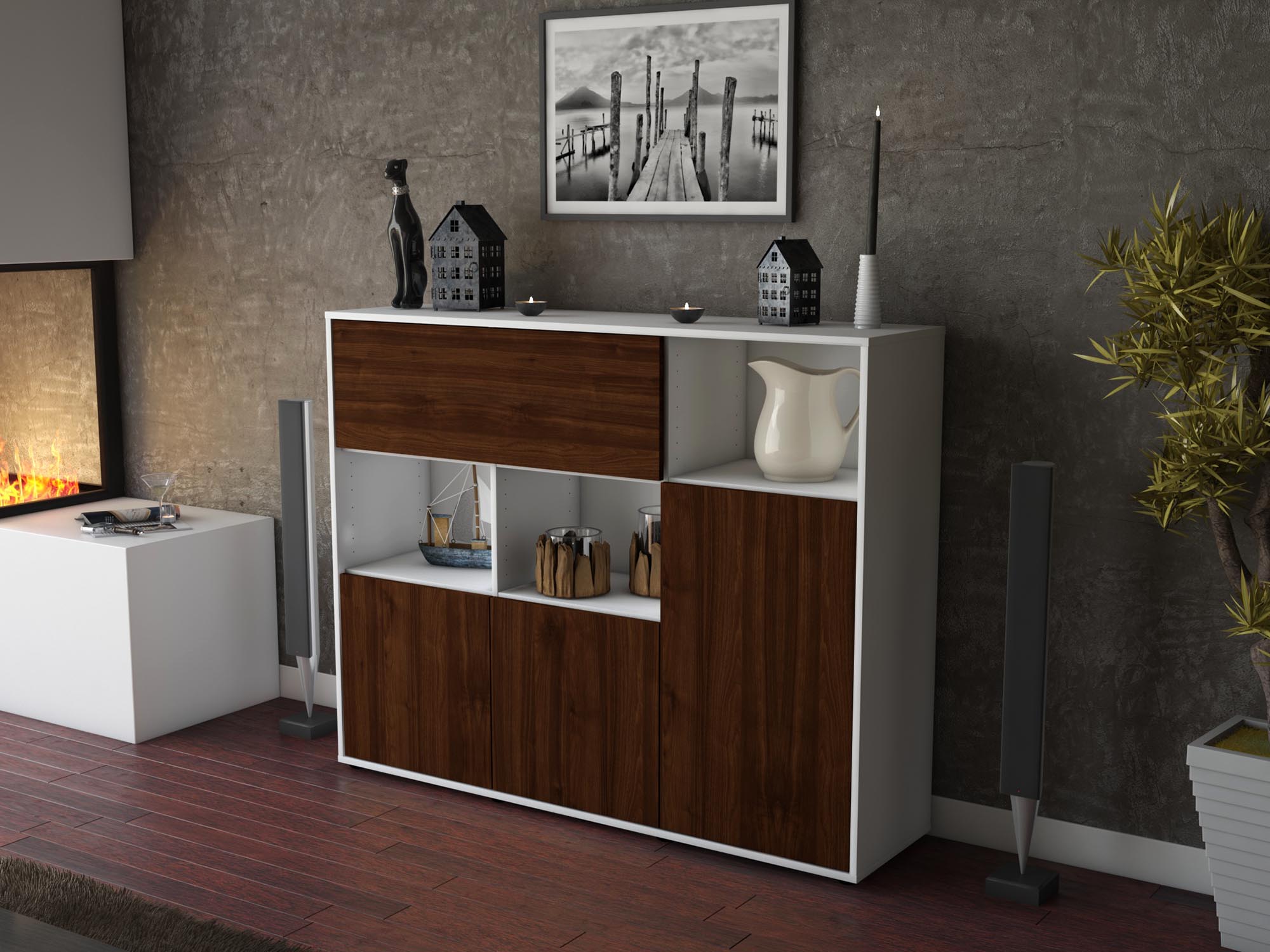 Highboard - Valenzia - Design Holzdekor - Freistehend mit Push to Open 136 cm Weiss
