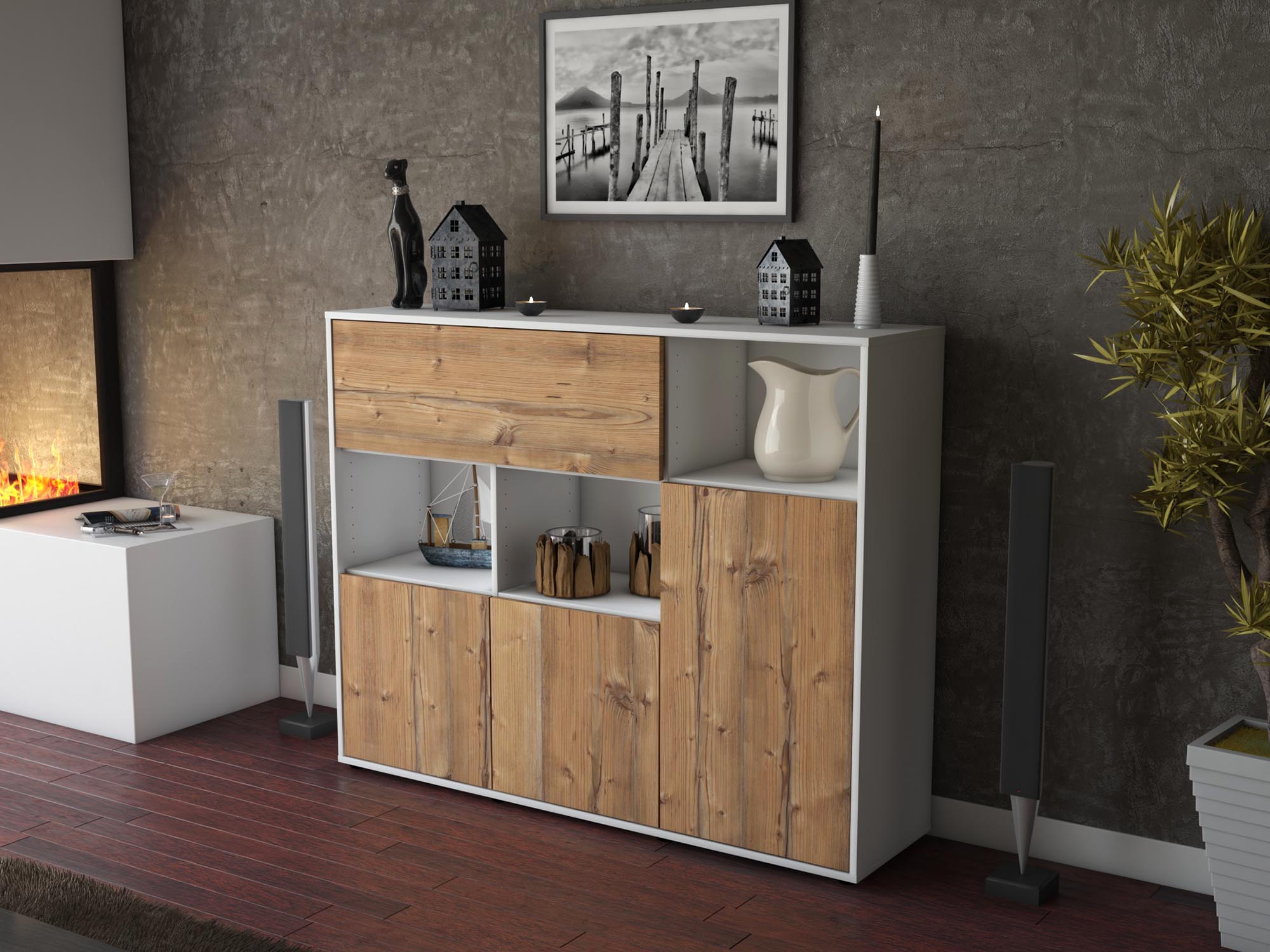 Highboard - Valenzia - Design Holzdekor - Freistehend mit Push to Open 136 cm Weiss