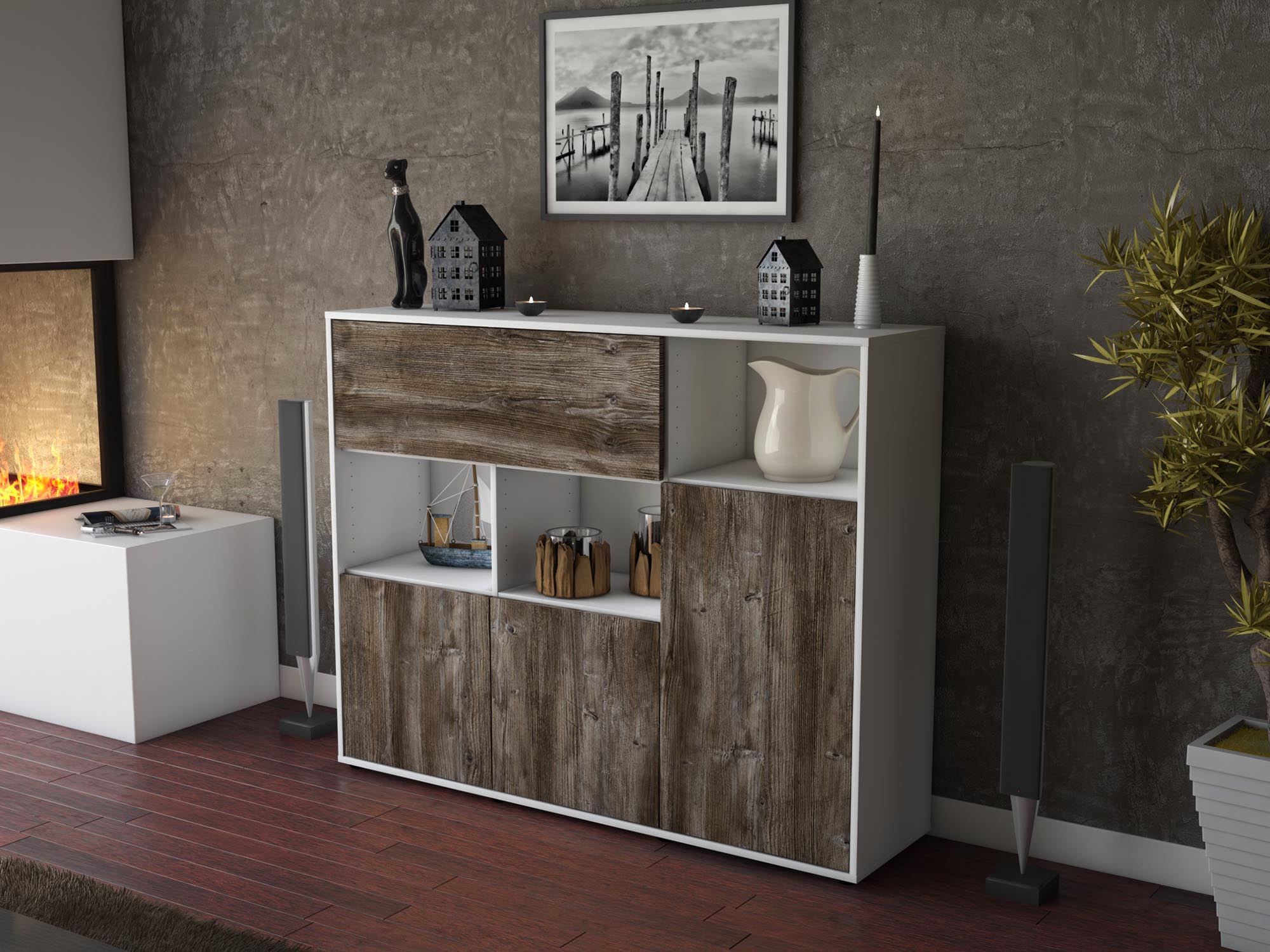 Highboard - Valenzia - Design Holzdekor - Freistehend mit Push to Open 136 cm Weiss