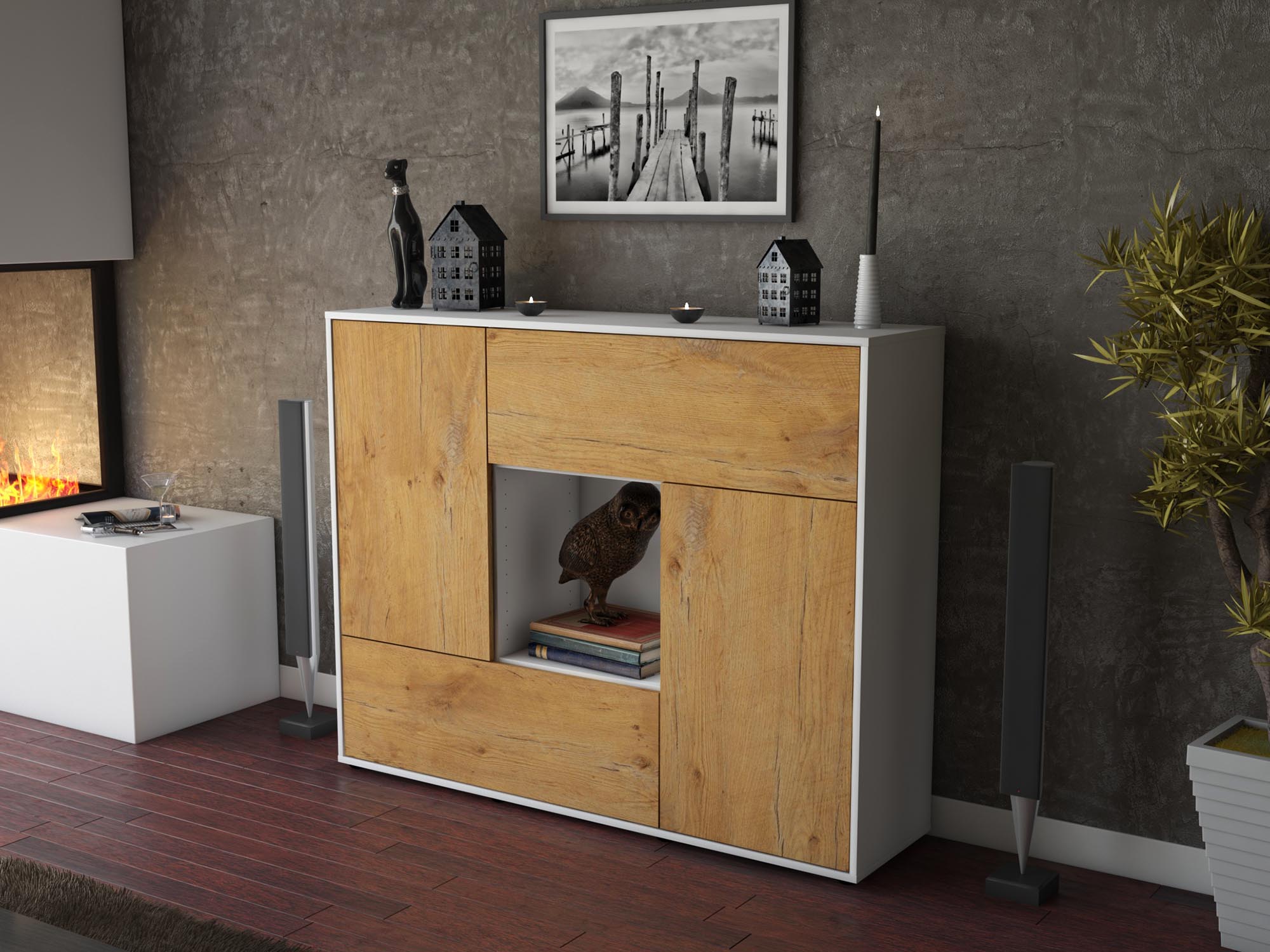 Highboard - Vicky - Design Holzdekor - Freistehend mit Push to Open 136 cm Weiss