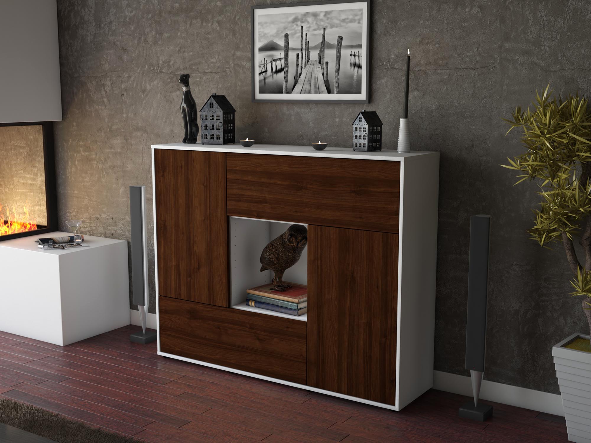Highboard - Vicky - Design Holzdekor - Freistehend mit Push to Open 136 cm Weiss
