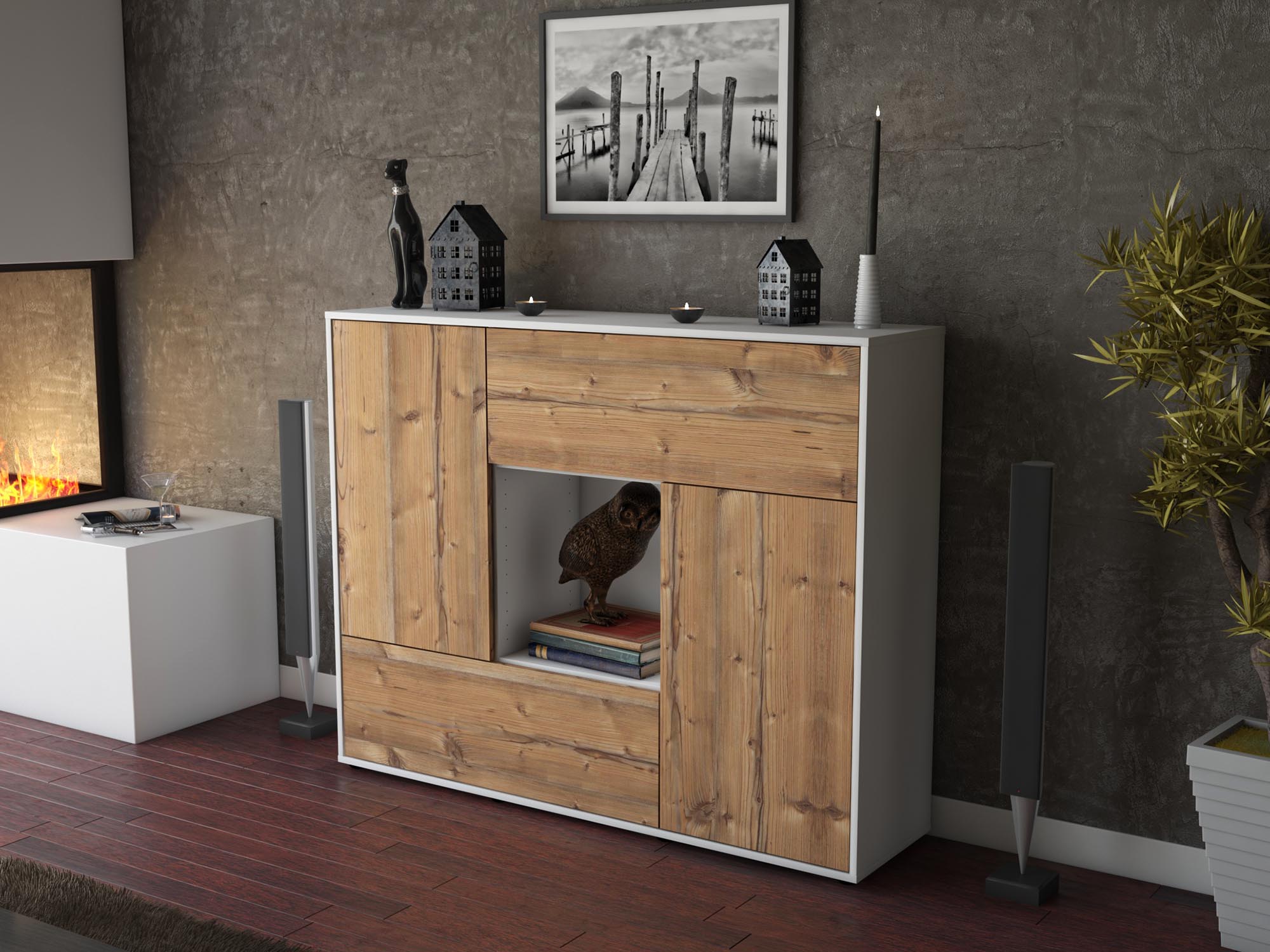 Highboard - Vicky - Design Holzdekor - Freistehend mit Push to Open 136 cm Weiss