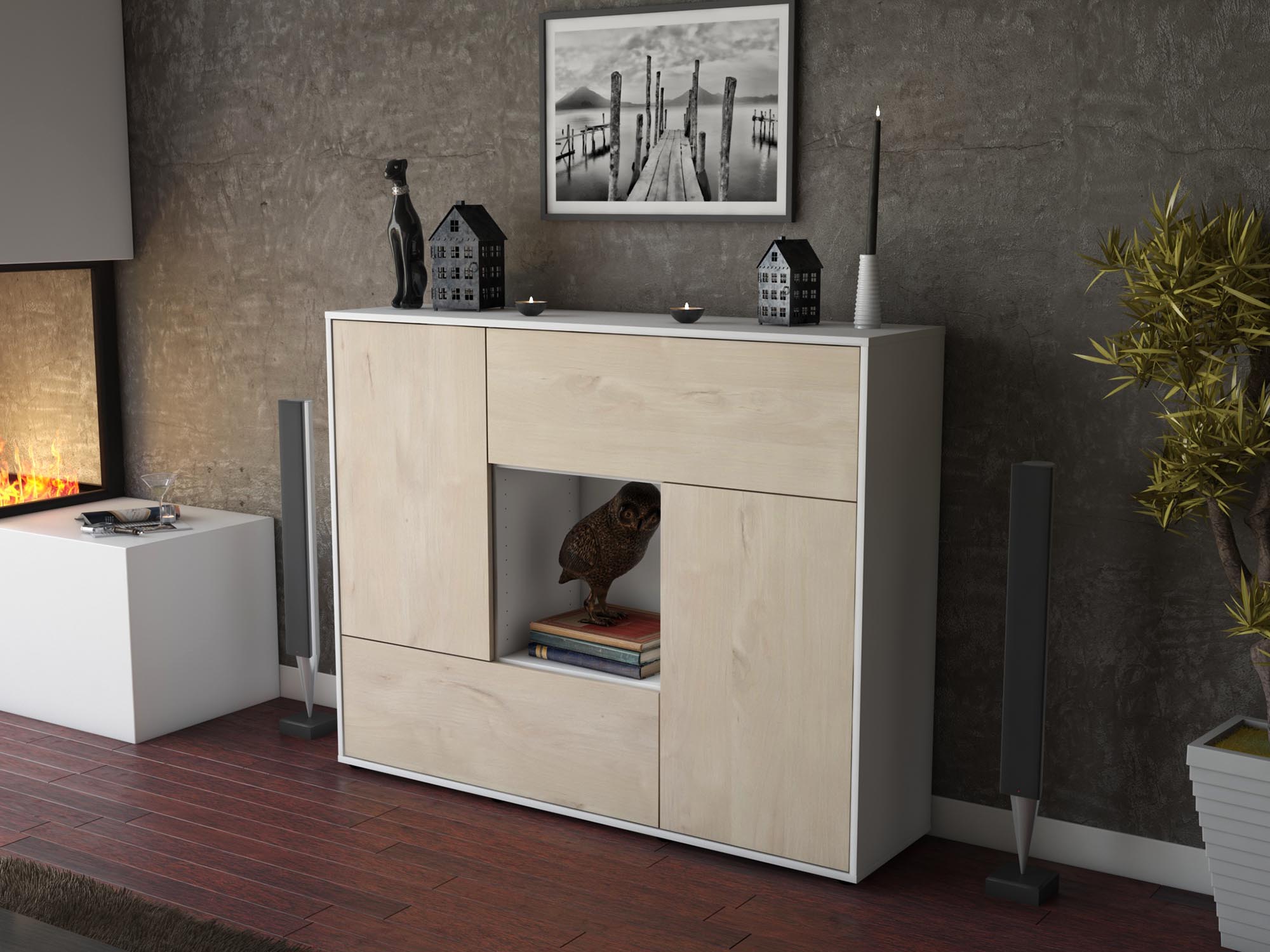 Highboard - Vicky - Design Holzdekor - Freistehend mit Push to Open 136 cm Weiss