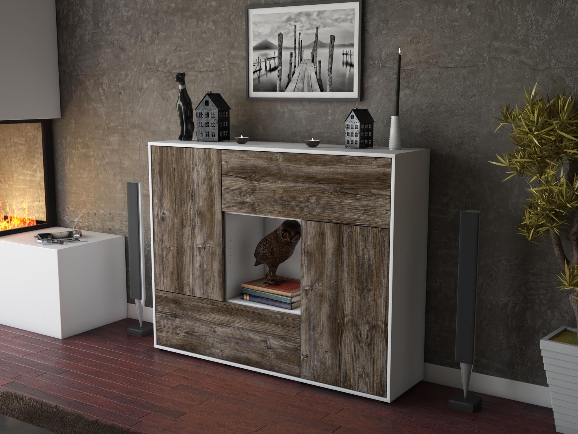 Highboard - Vicky - Design Holzdekor - Freistehend mit Push to Open 136 cm Weiss