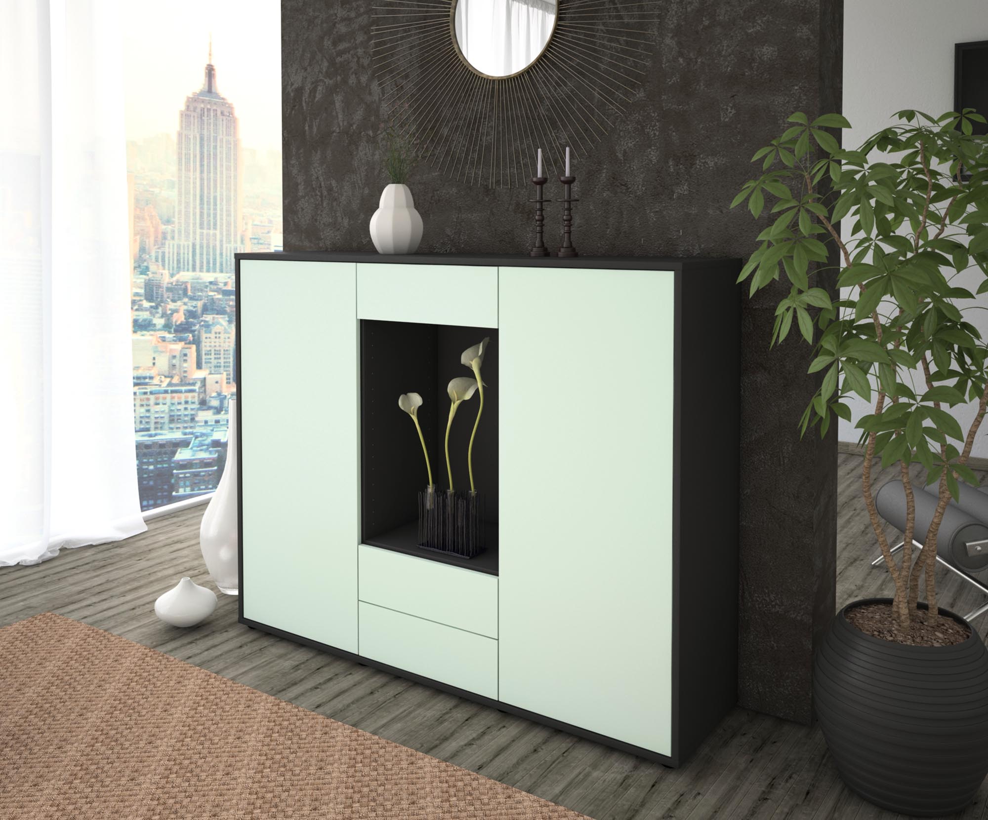 Highboard - Marilena - Design Farbakzent - Freistehend mit Push to Open 136 cm Anthrazit