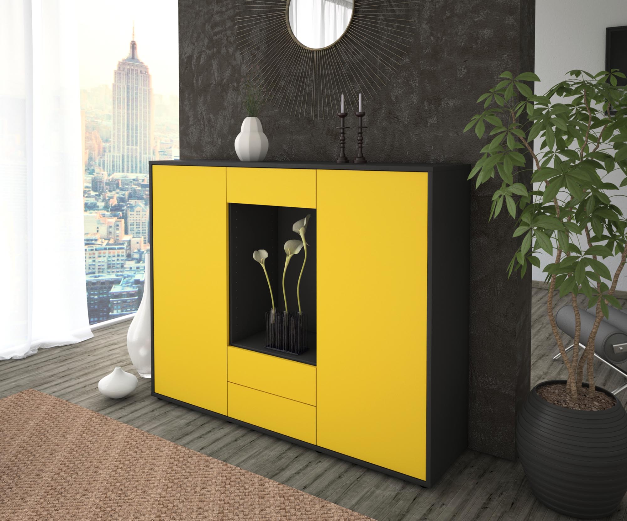 Highboard - Marilena - Design Farbakzent - Freistehend mit Push to Open 136 cm Anthrazit