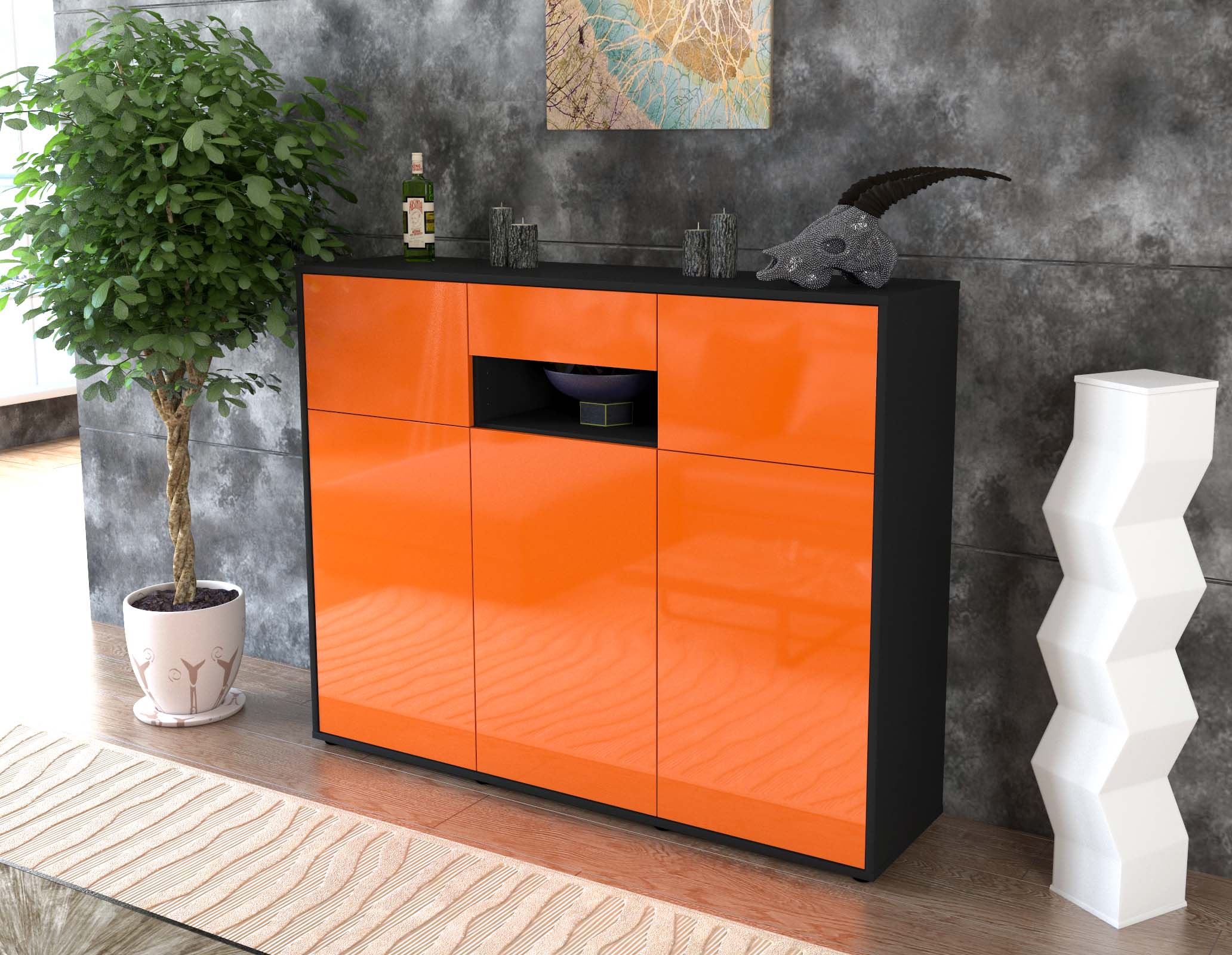 Highboard - Matilda - Design Hochglanz - Freistehend mit Push to Open 136 cm Anthrazit