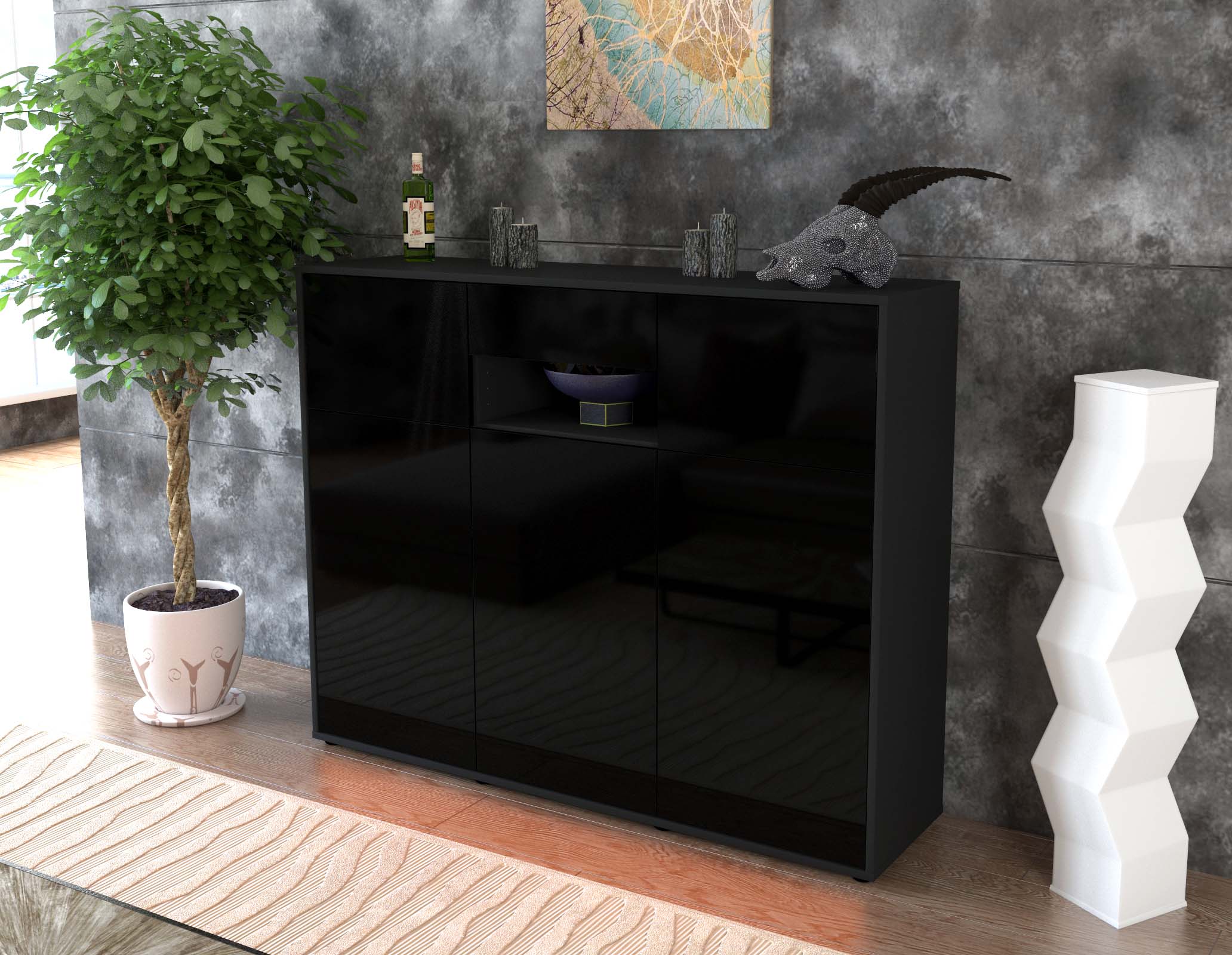 Highboard - Matilda - Design Hochglanz - Freistehend mit Push to Open 136 cm Anthrazit