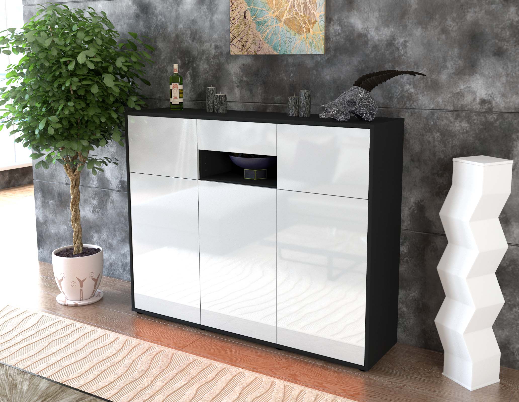 Highboard - Matilda - Design Hochglanz - Freistehend mit Push to Open 136 cm Anthrazit