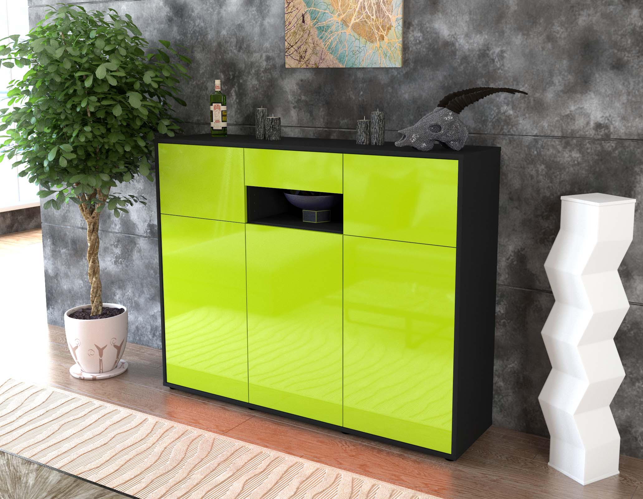Highboard - Matilda - Design Hochglanz - Freistehend mit Push to Open 136 cm Anthrazit