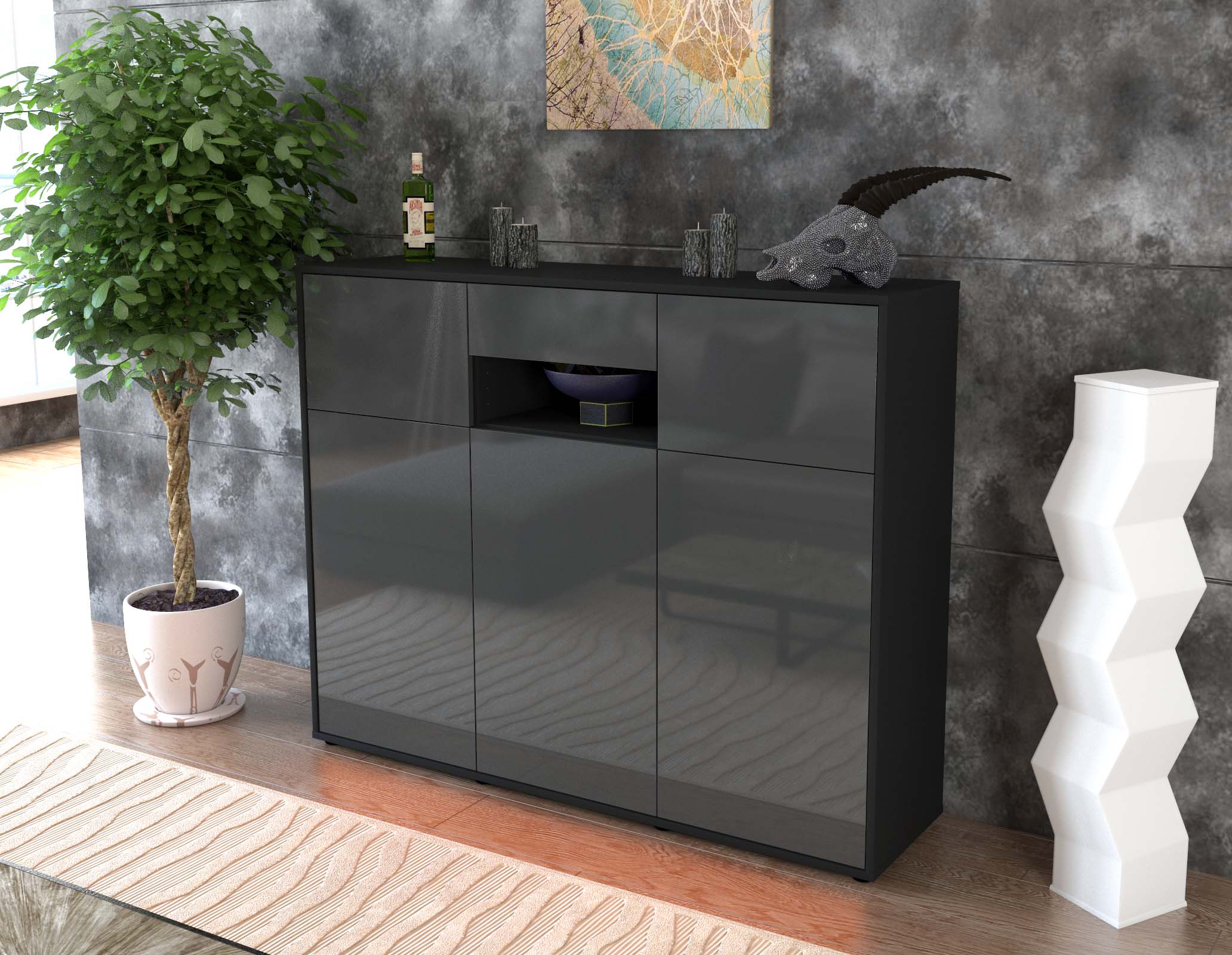 Highboard - Matilda - Design Hochglanz - Freistehend mit Push to Open 136 cm Anthrazit
